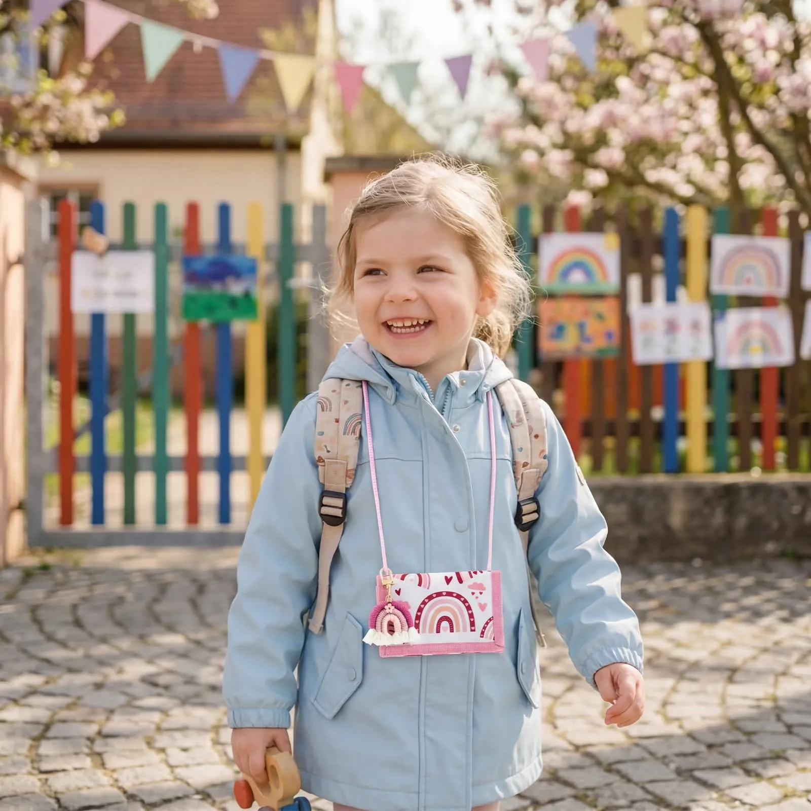 Hestya Portafoglio per Bambini e Ragazzi Portafoglio da Collo a Tre Scomparti con Diverse Fantasie Portamonete da Viaggio con Cordino e Portachiavi Regalo di Compleanno(Arcobaleno Boho - Rosa) - immagine 7