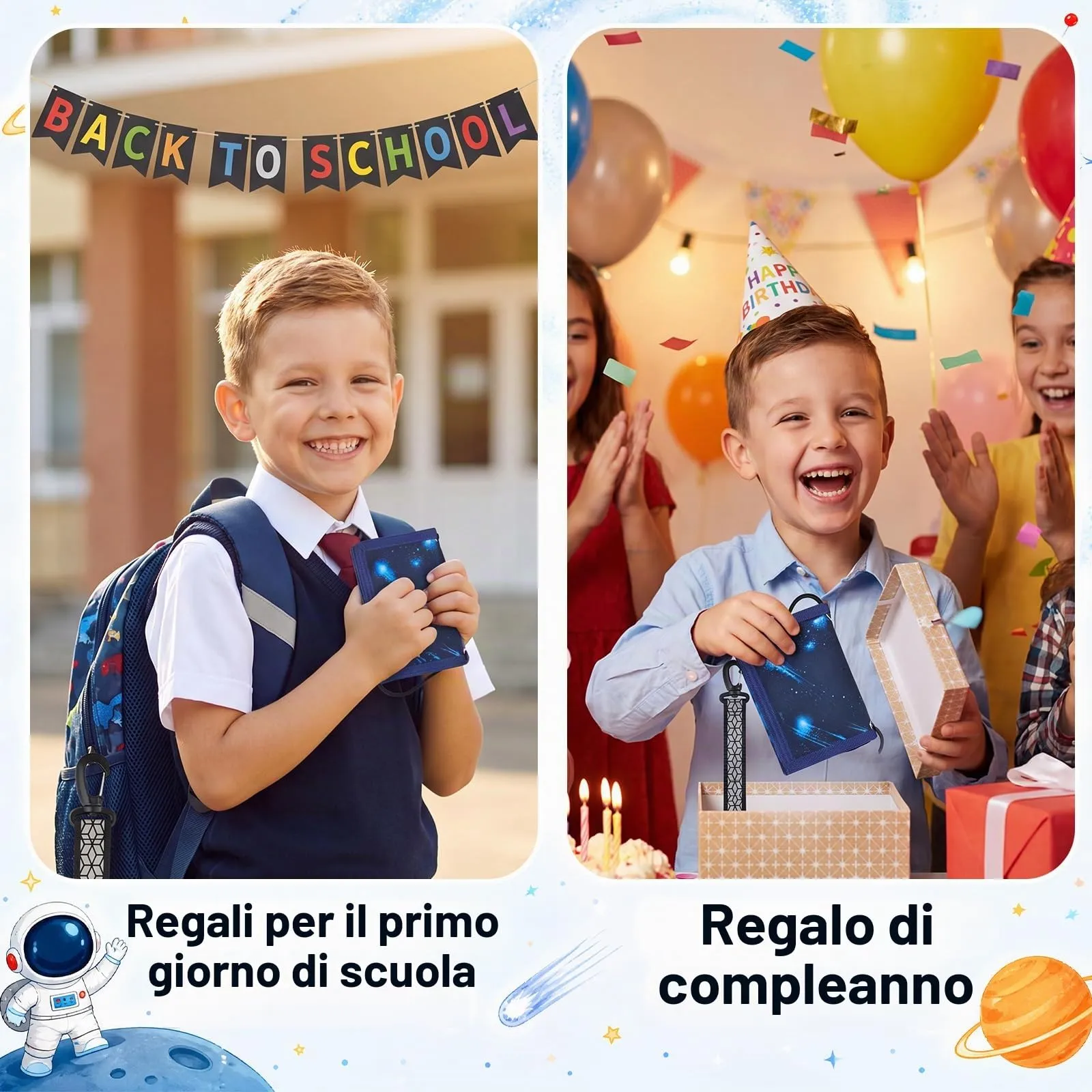 Hestya Portafoglio per Bambini e Ragazzi Portafoglio da Collo a Tre Scomparti con Diverse Fantasie Portamonete da Viaggio con Cordino e Portachiavi Regalo di Compleanno (Via Lattea) - immagine 2