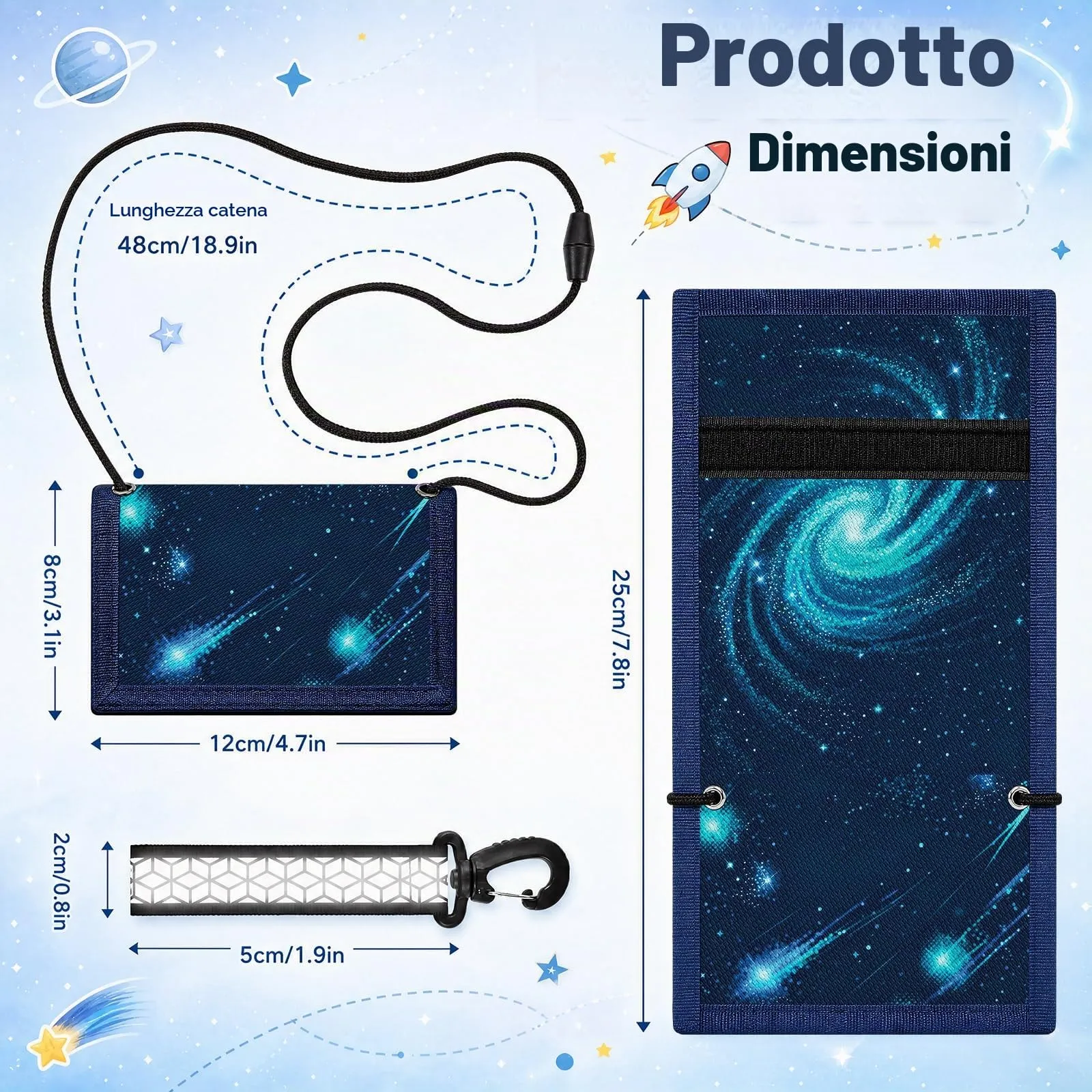 Hestya Portafoglio per Bambini e Ragazzi Portafoglio da Collo a Tre Scomparti con Diverse Fantasie Portamonete da Viaggio con Cordino e Portachiavi Regalo di Compleanno (Via Lattea) - immagine 3
