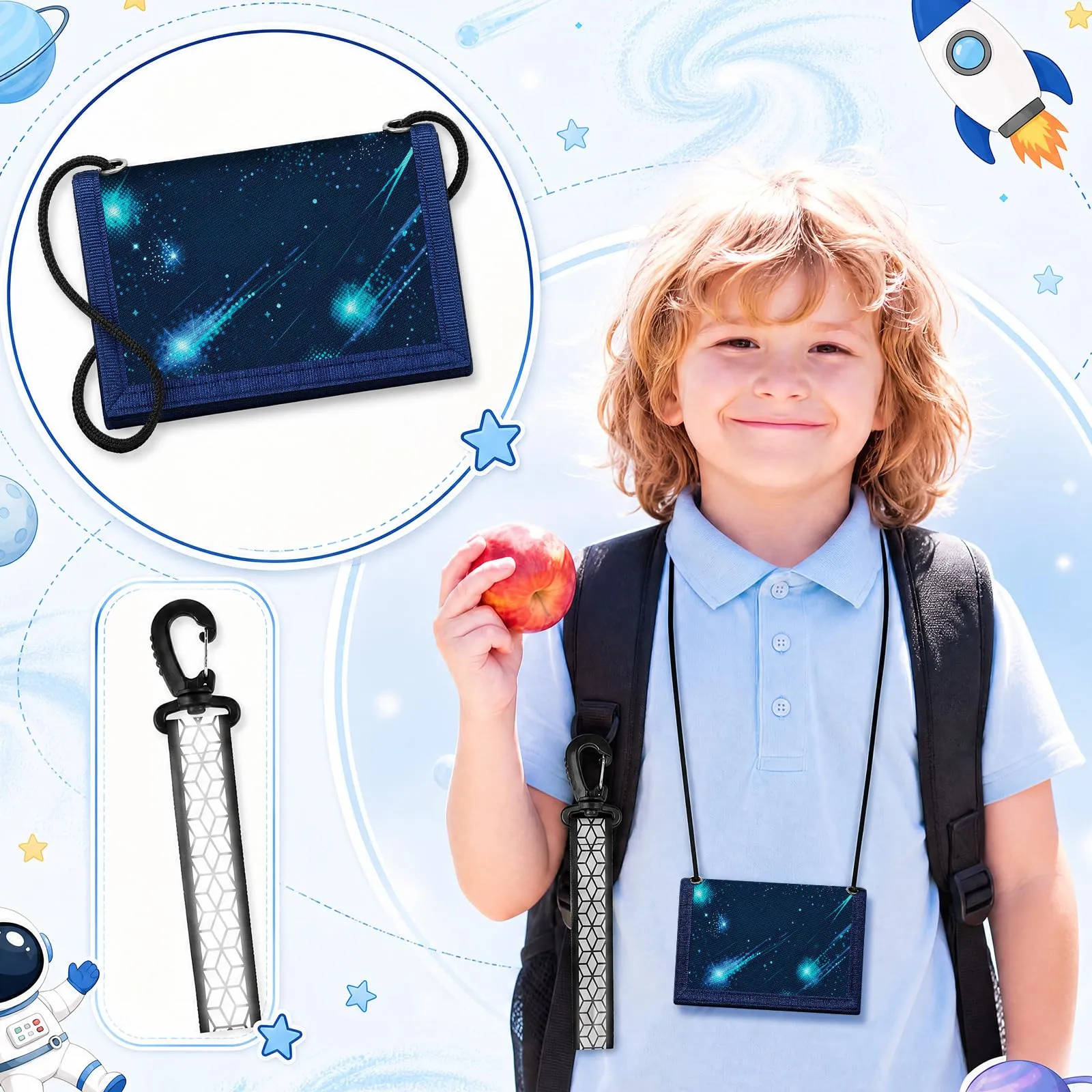 Hestya Portafoglio per Bambini e Ragazzi Portafoglio da Collo a Tre Scomparti con Diverse Fantasie Portamonete da Viaggio con Cordino e Portachiavi Regalo di Compleanno (Via Lattea) - immagine 7