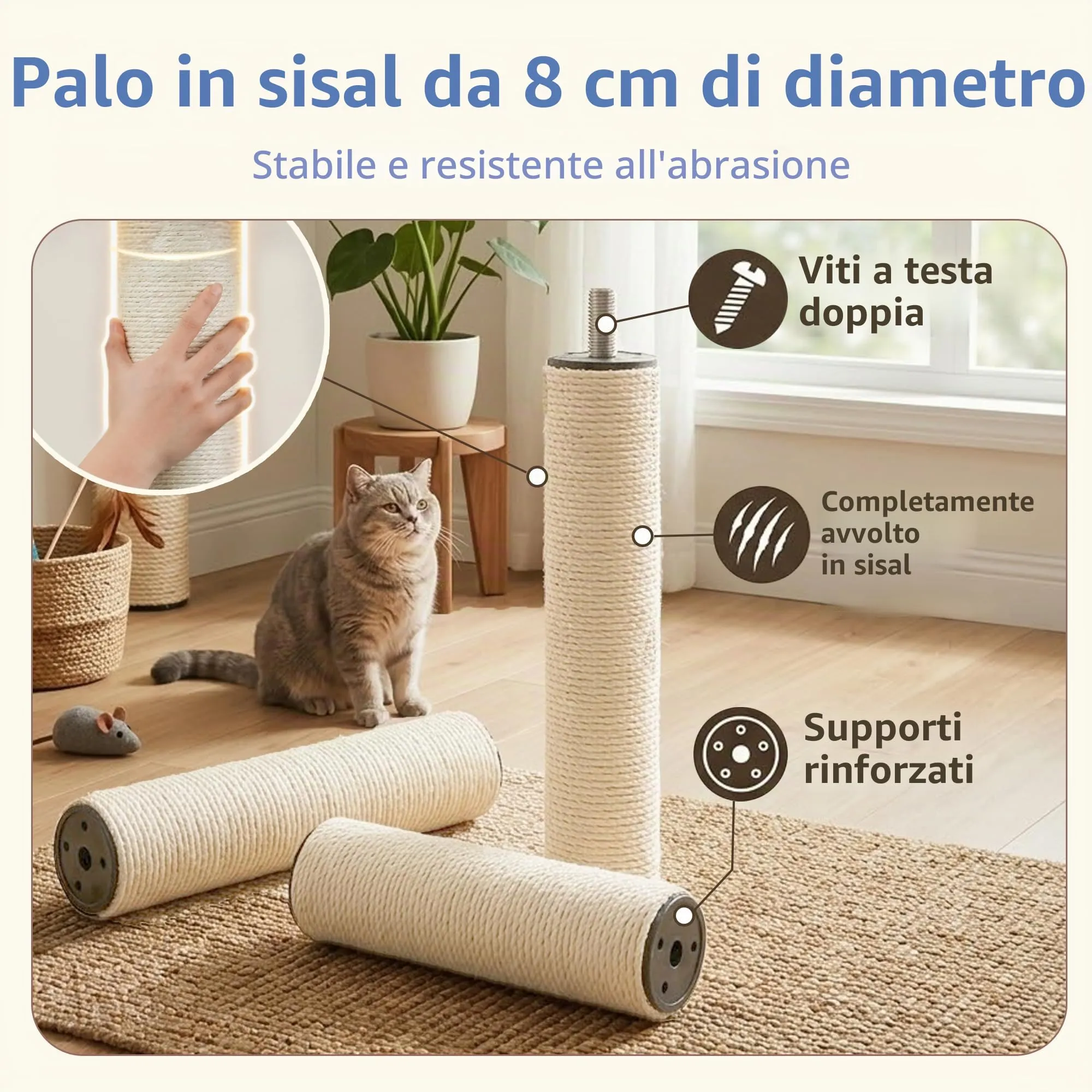 Hey-brother Tiragraffi per Gatti, Colonna sisal 8cm spessa, Cuccia, MPJ02G - immagine 2