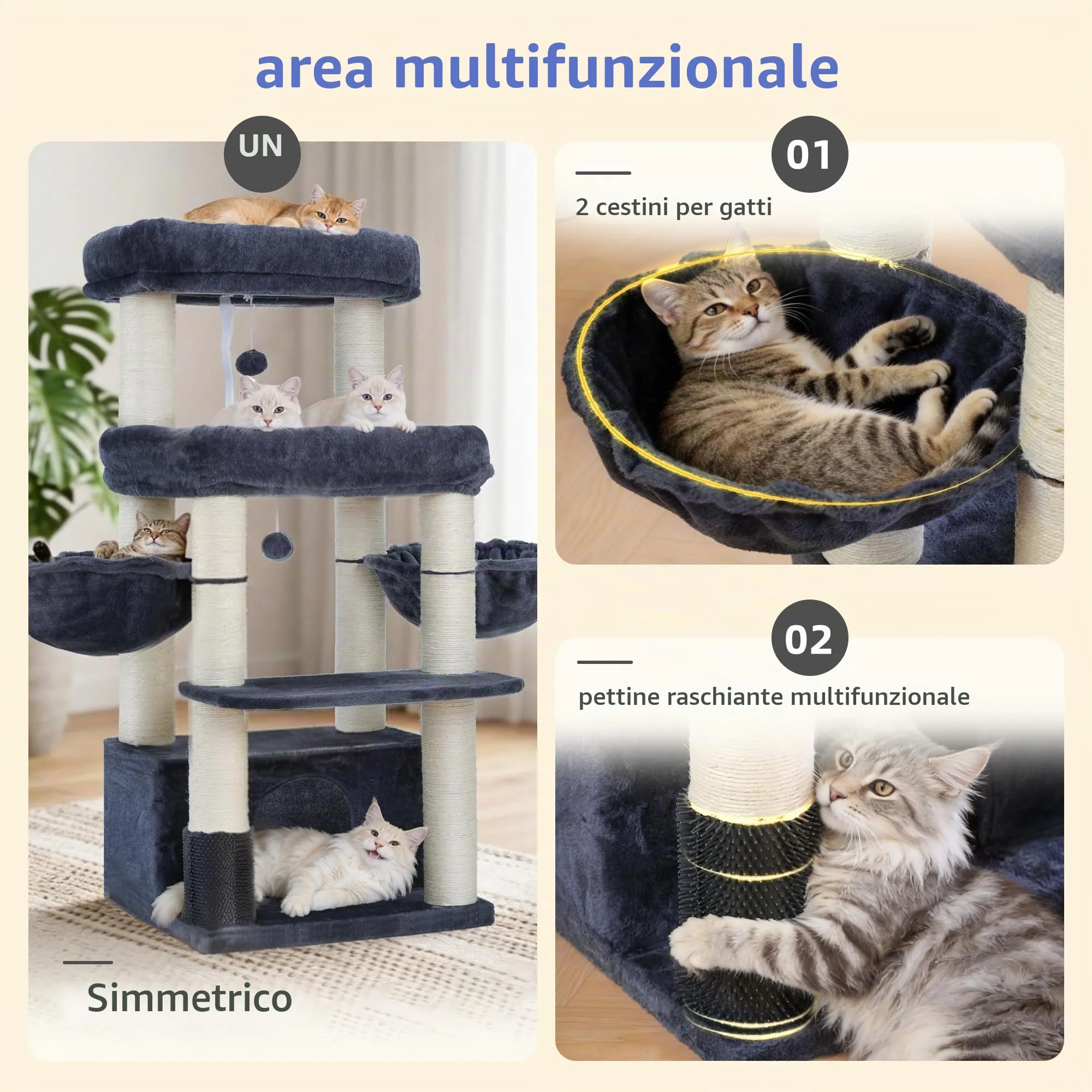 Hey-brother Tiragraffi per Gatti, Colonna sisal 8cm spessa, Cuccia, MPJ02G - immagine 6