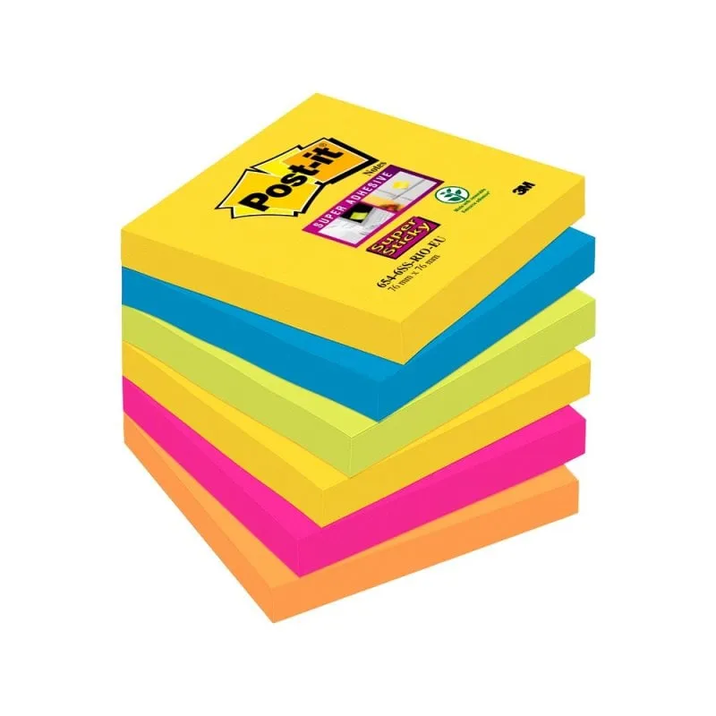 Blocco Note Adesivo Removibile e Post-it Super Sticky 76x76 Mm da 90 Fogli Confezione da 6 Blocks Colori Assortiti - immagine 1