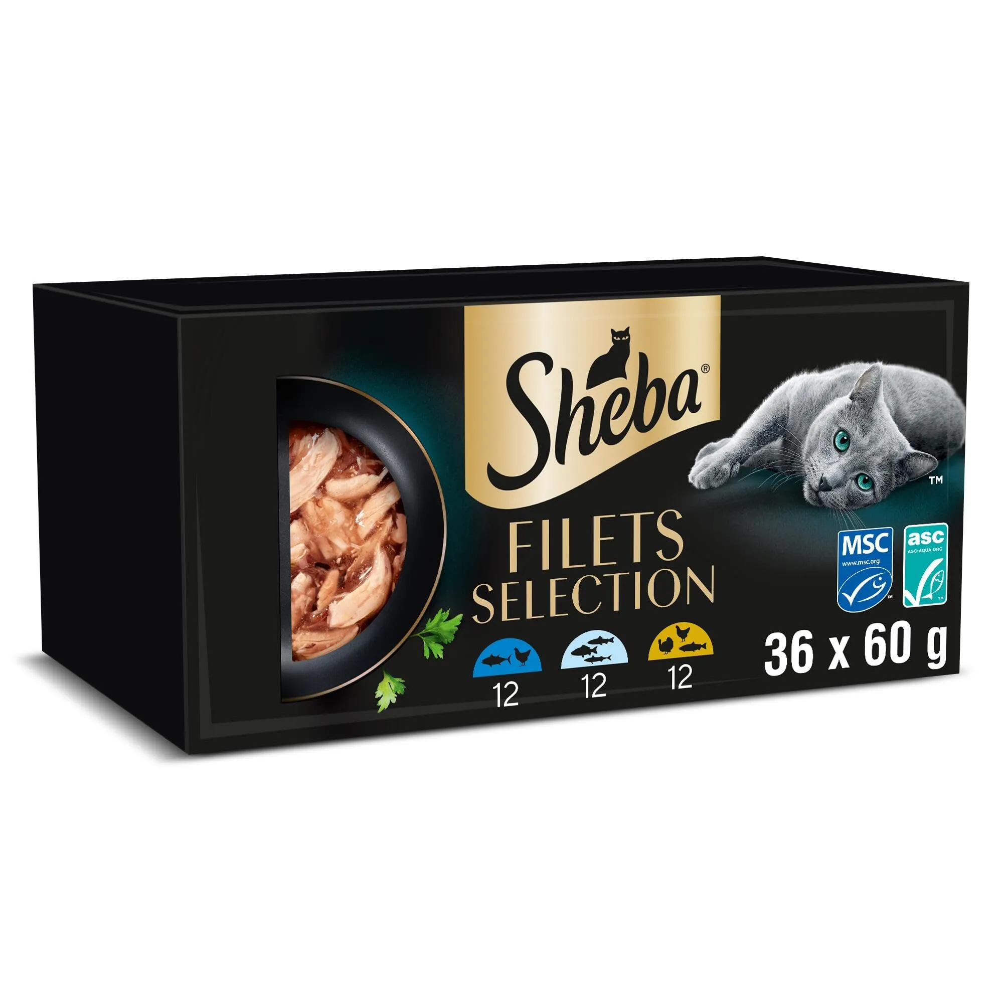 Cibo per gatti adulti SHEBA Filets gusti assortiti in salsa Vaschette 6x60g, confezione da 6 - immagine 1