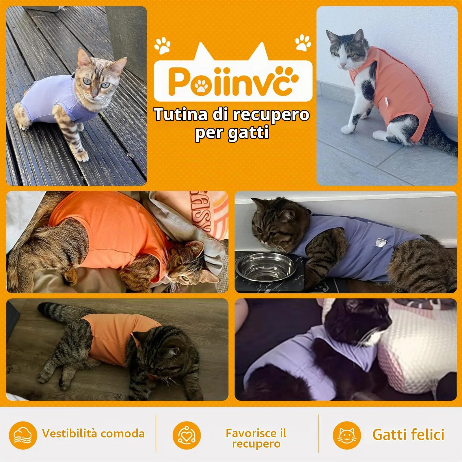 Poiinvc Body Gatto Post Operatorio Tuta Recupero Chirurgico Anti-Leccare Alternative al Collare Elisabettiano Vestito Post Sterilizzazione per Ferite Addominali (Arancione, S) - immagine 6