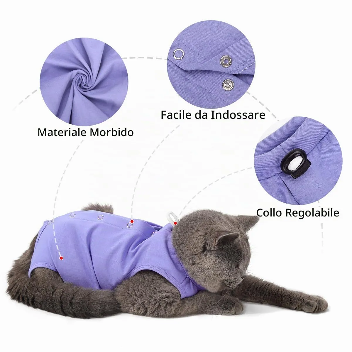 Poiinvc Body Gatto Post Operatorio Tuta Recupero Chirurgico Anti-Leccare Alternative al Collare Elisabettiano Vestito Post Sterilizzazione per Ferite Addominali (Viola, L) - immagine 3