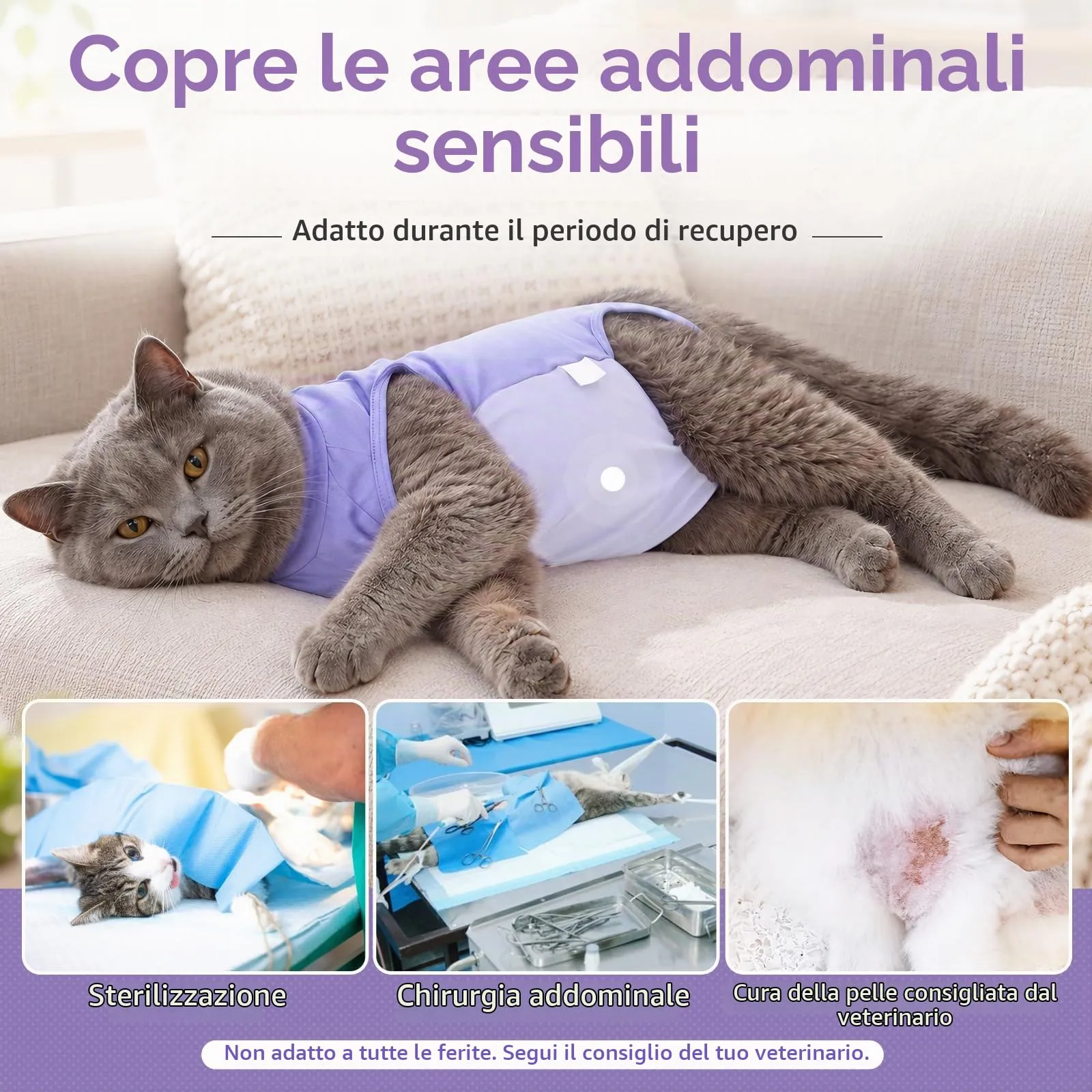 Poiinvc Body Gatto Post Operatorio Tuta Recupero Chirurgico Anti-Leccare Alternative al Collare Elisabettiano Vestito Post Sterilizzazione per Ferite Addominali (Viola, S) - immagine 4
