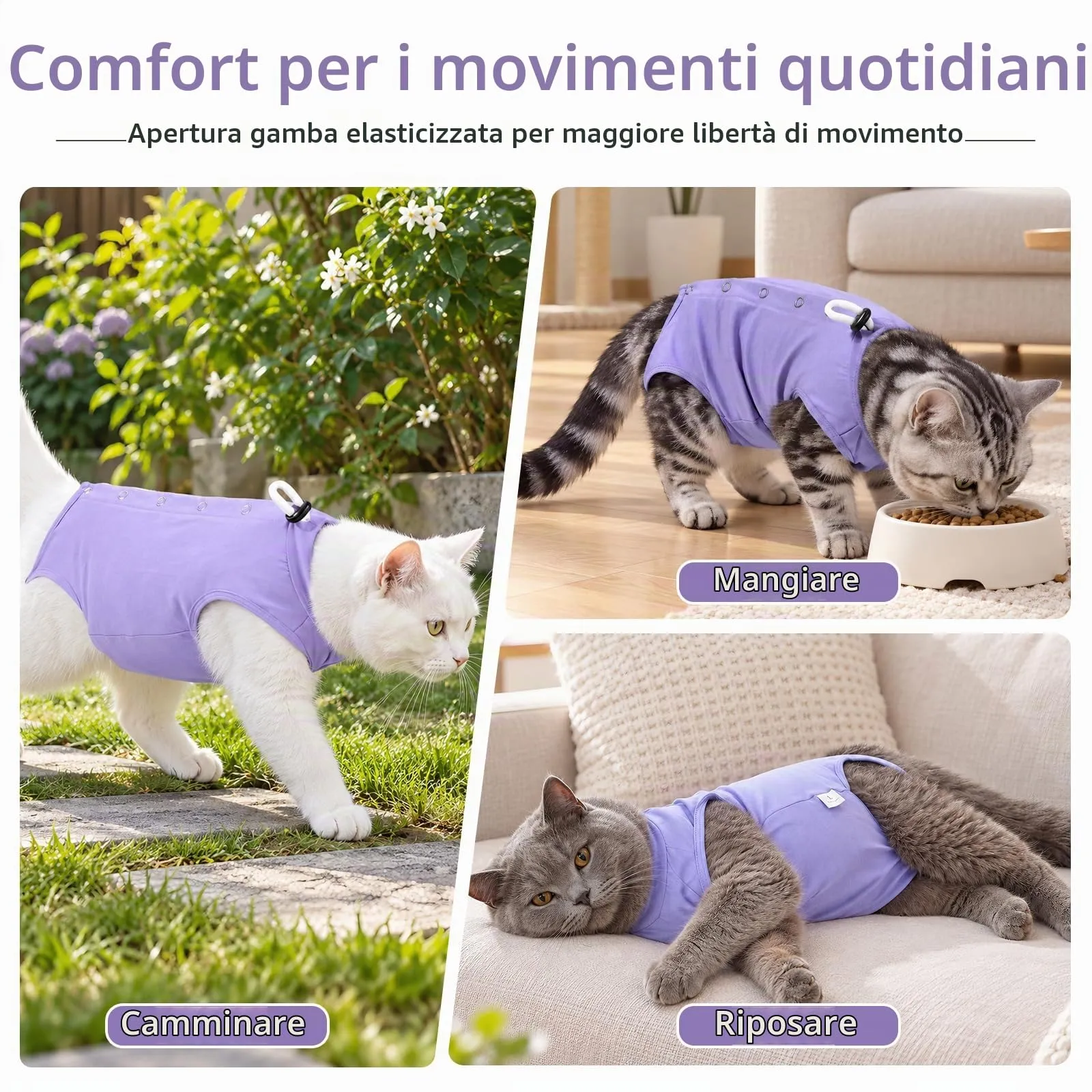 Poiinvc Body Gatto Post Operatorio Tuta Recupero Chirurgico Anti-Leccare Alternative al Collare Elisabettiano Vestito Post Sterilizzazione per Ferite Addominali (Viola, S) - immagine 5