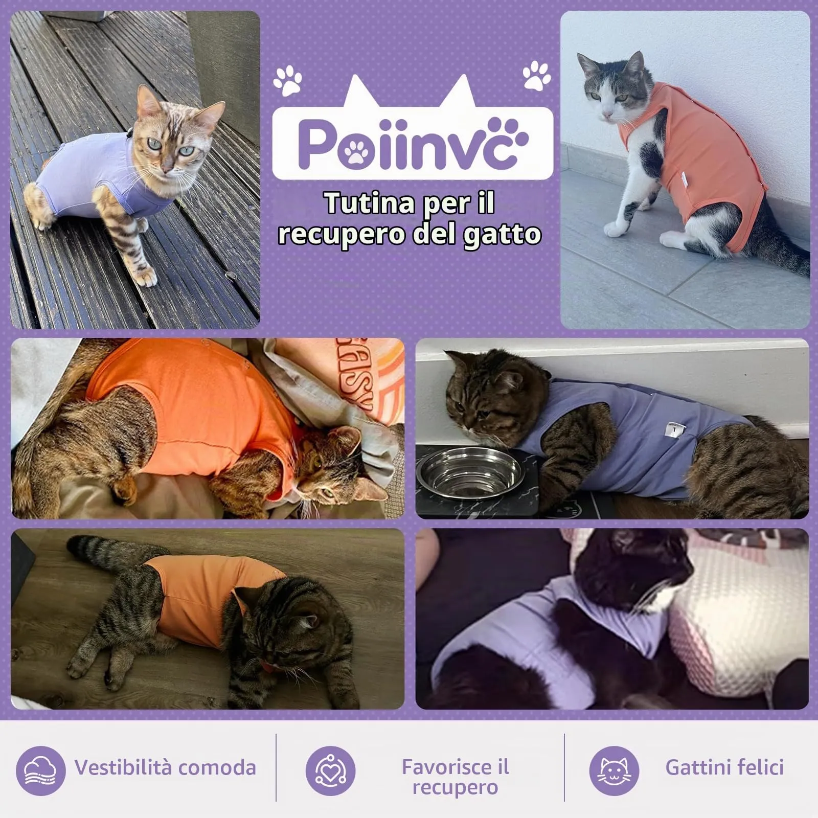 Poiinvc Body Gatto Post Operatorio Tuta Recupero Chirurgico Anti-Leccare Alternative al Collare Elisabettiano Vestito Post Sterilizzazione per Ferite Addominali (Viola, S) - immagine 6