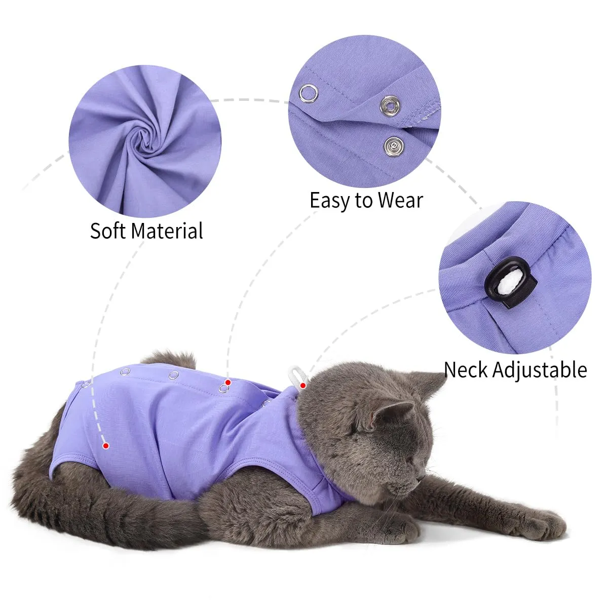 Poiinvc Body Gatto Post Operatorio Tuta Recupero Chirurgico Anti-Leccare Alternative al Collare Elisabettiano Vestito Post Sterilizzazione per Ferite Addominali (Viola, M) - immagine 3