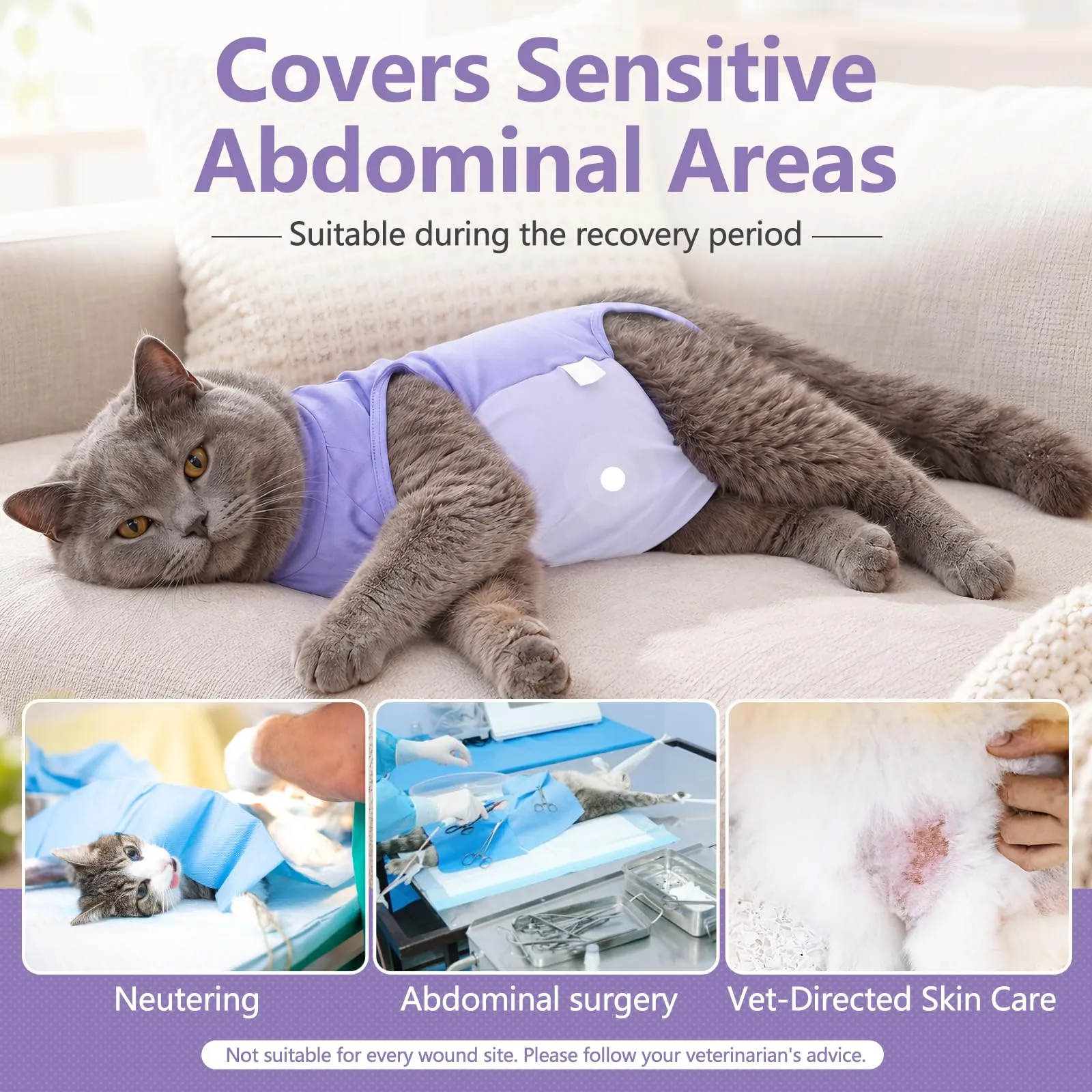 Poiinvc Body Gatto Post Operatorio Tuta Recupero Chirurgico Anti-Leccare Alternative al Collare Elisabettiano Vestito Post Sterilizzazione per Ferite Addominali (Viola, M) - immagine 4