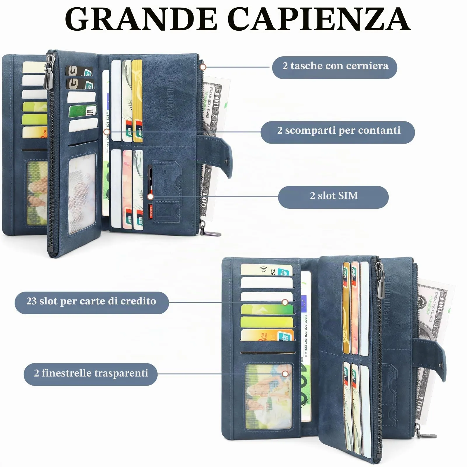 REETEE Portafoglio Donna Grande Portafoglio in Pelle PU Blocco RFID Lungo Portafogli da Donna Cerniera Grand Portamonete e 23 Porta Credito Carte Molti Scomparti (blu) - immagine 2