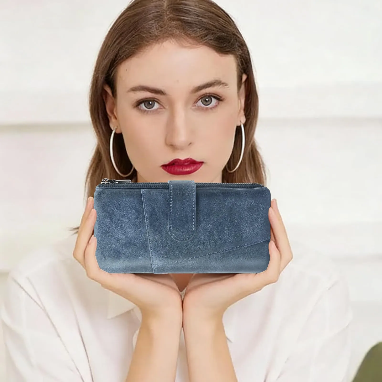 REETEE Portafoglio Donna Grande Portafoglio in Pelle PU Blocco RFID Lungo Portafogli da Donna Cerniera Grand Portamonete e 23 Porta Credito Carte Molti Scomparti (blu) - immagine 7