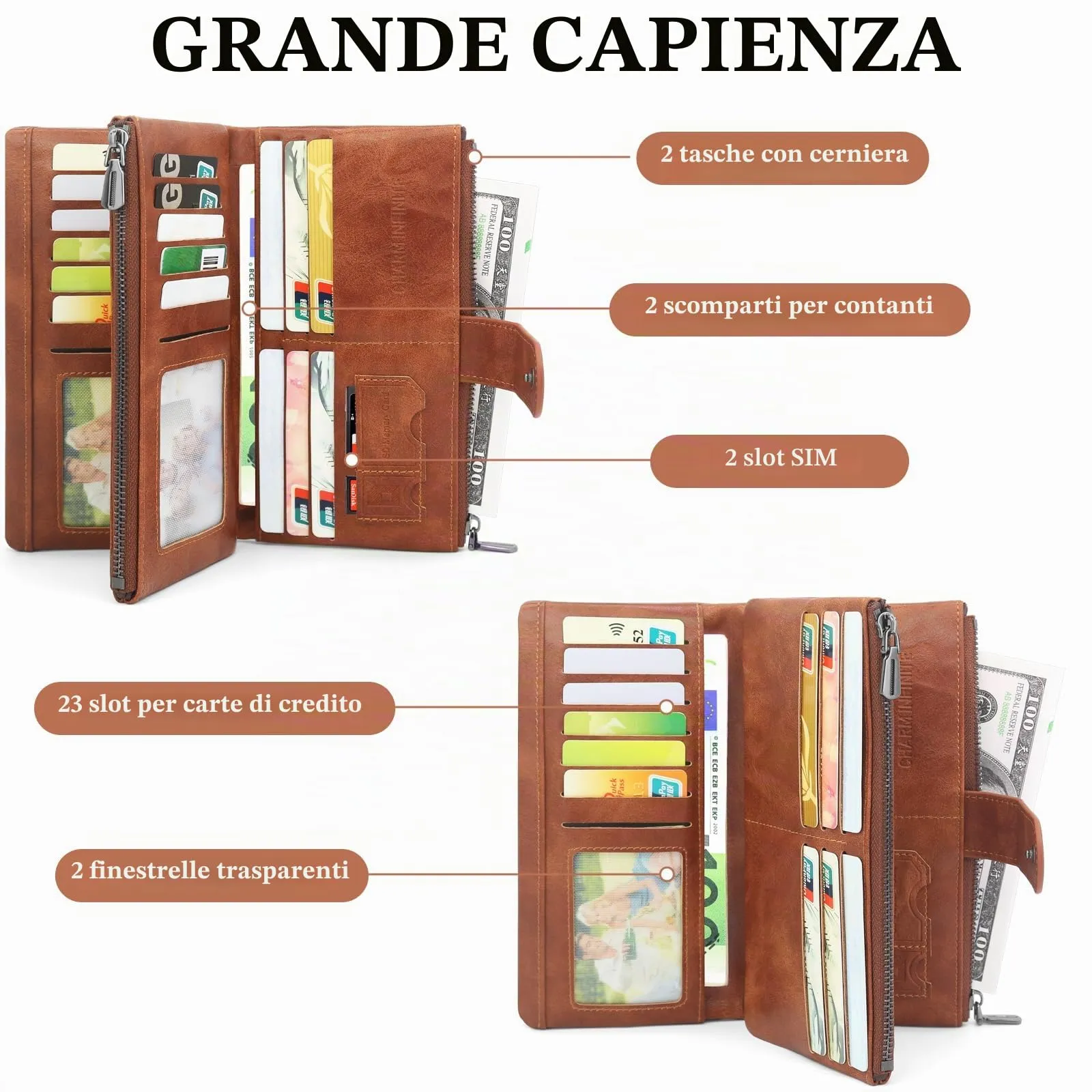 REETEE Portafoglio Donna Grande Portafoglio in Pelle PU Blocco RFID Lungo Portafogli da Donna Cerniera Grand Portamonete e 23 Porta Credito Carte Molti Scomparti (marrone) - immagine 2