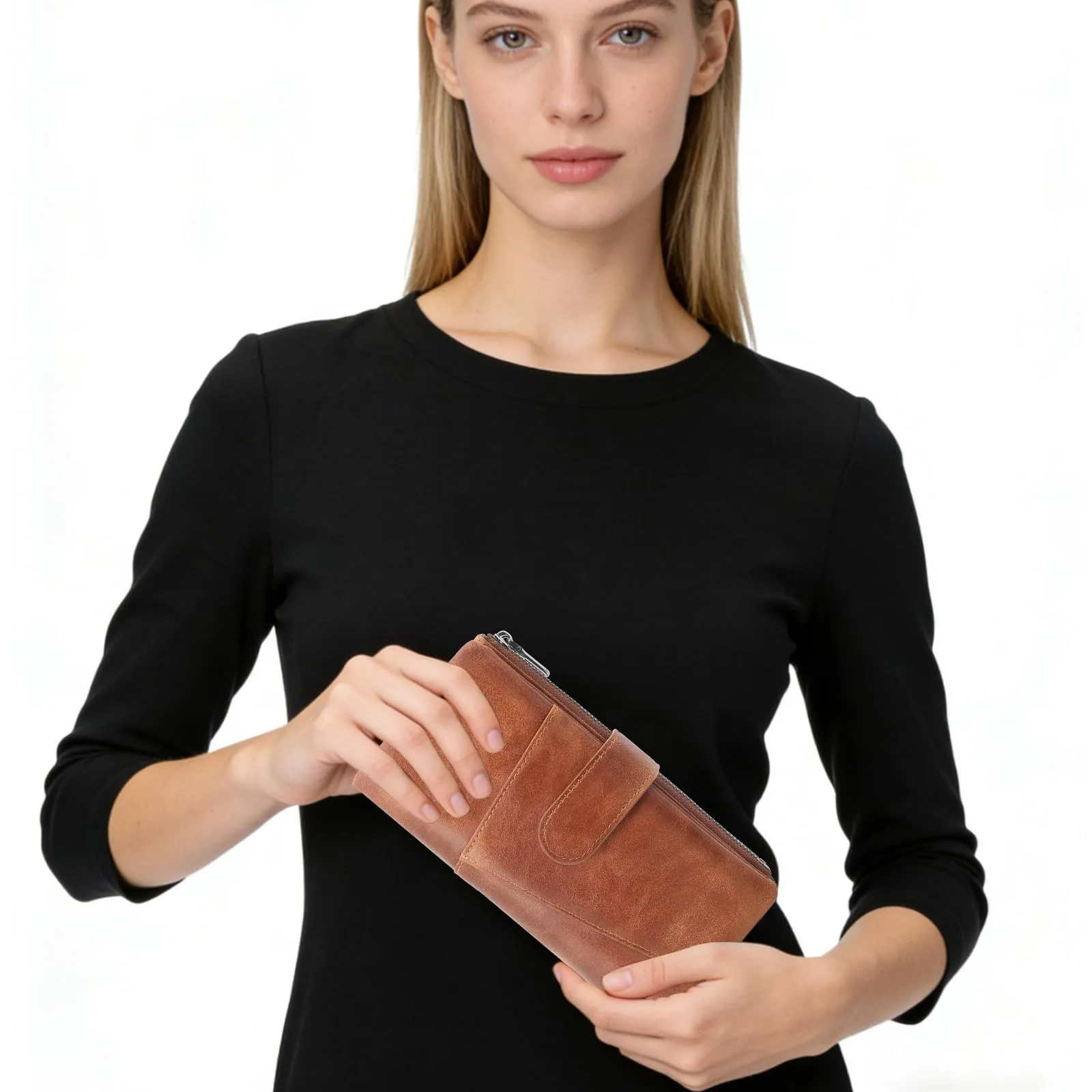 REETEE Portafoglio Donna Grande Portafoglio in Pelle PU Blocco RFID Lungo Portafogli da Donna Cerniera Grand Portamonete e 23 Porta Credito Carte Molti Scomparti (marrone) - immagine 7