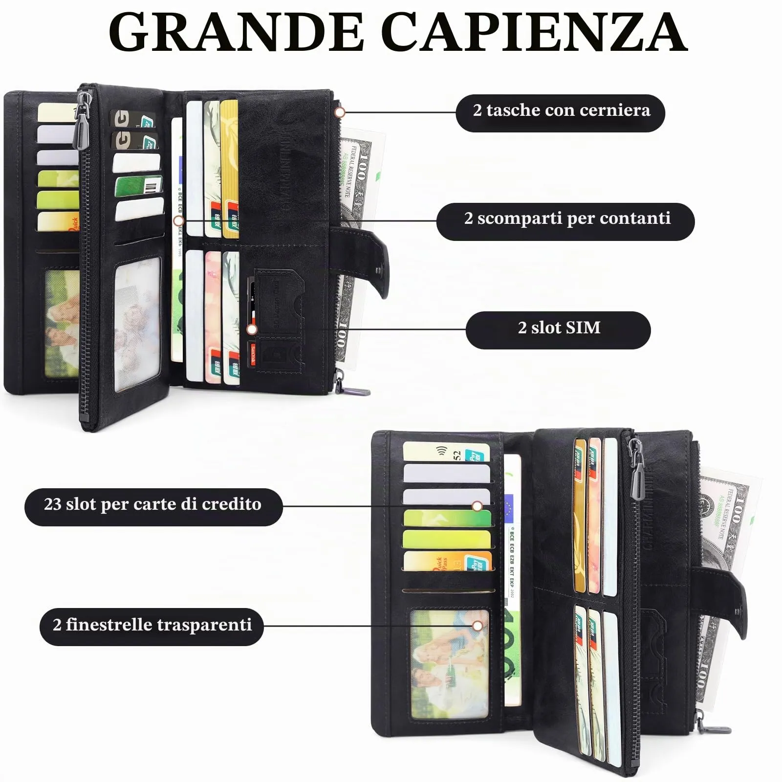 REETEE Portafoglio Donna Grande Portafoglio in Pelle PU Blocco RFID Lungo Portafogli da Donna Cerniera Grand Portamonete e 23 Porta Credito Carte Molti Scomparti (nero) - immagine 2