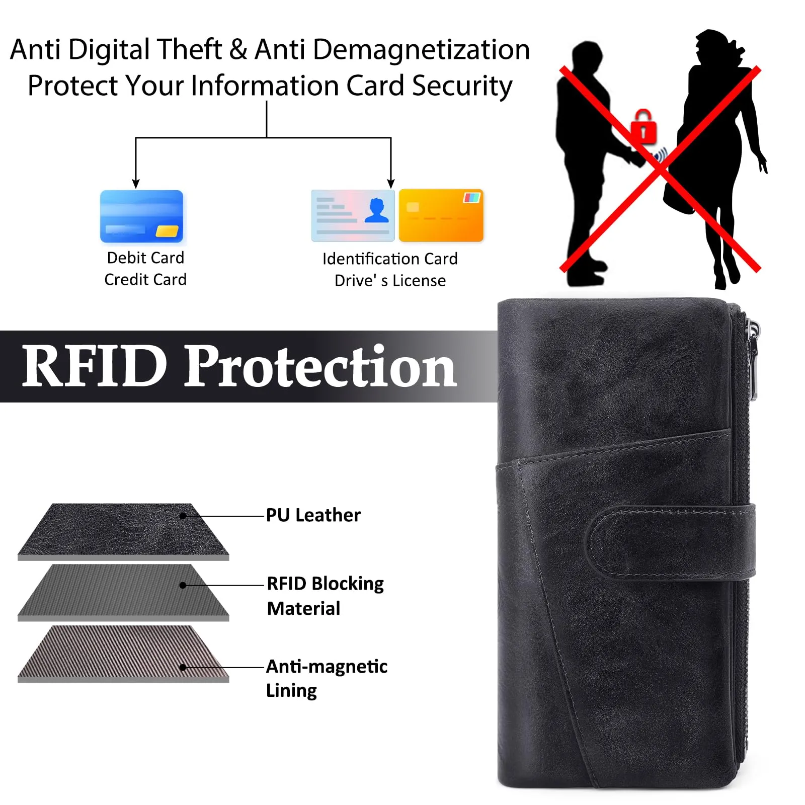 REETEE Portafoglio Donna Grande Portafoglio in Pelle PU Blocco RFID Lungo Portafogli da Donna Cerniera Grand Portamonete e 23 Porta Credito Carte Molti Scomparti (nero) - immagine 3