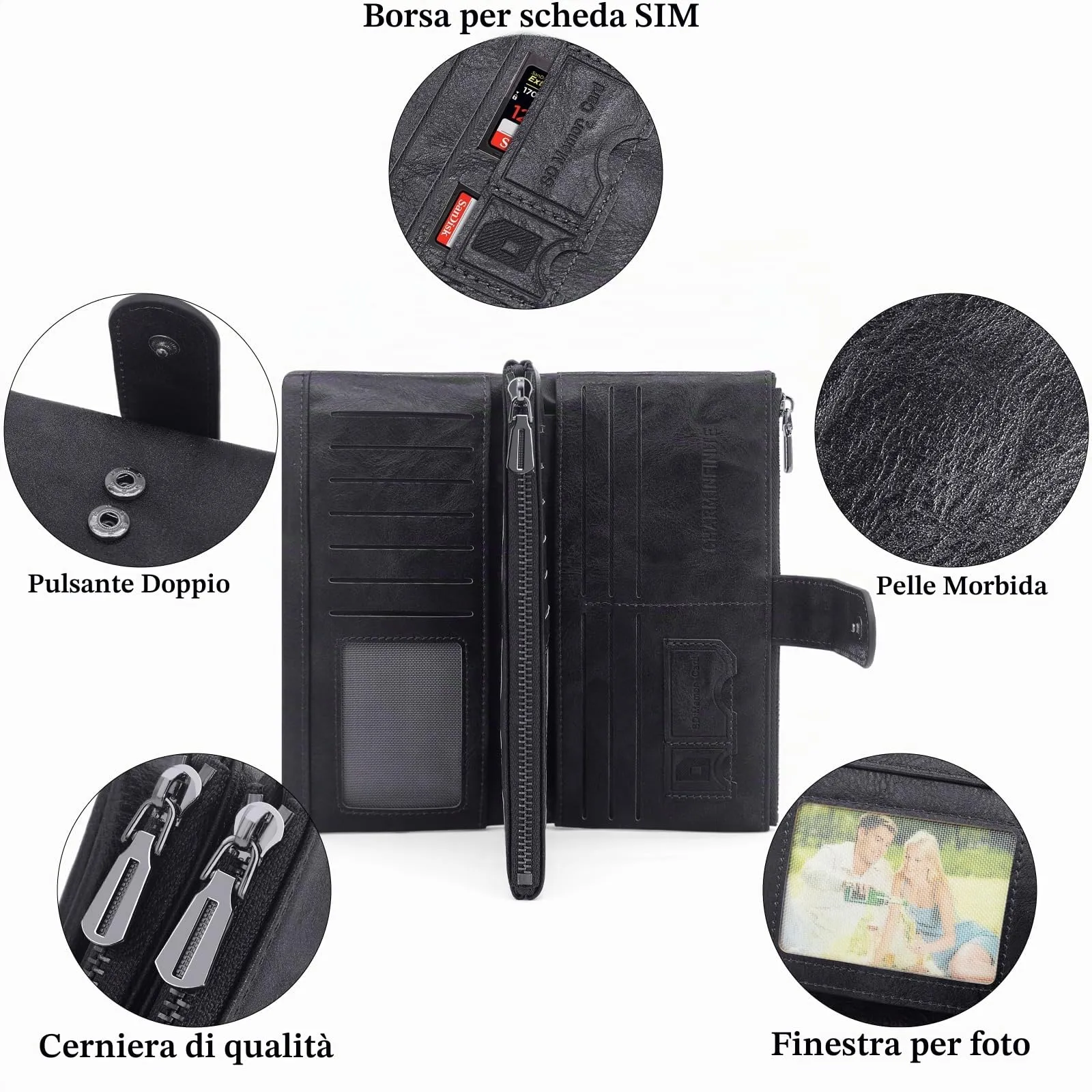 REETEE Portafoglio Donna Grande Portafoglio in Pelle PU Blocco RFID Lungo Portafogli da Donna Cerniera Grand Portamonete e 23 Porta Credito Carte Molti Scomparti (nero) - immagine 4
