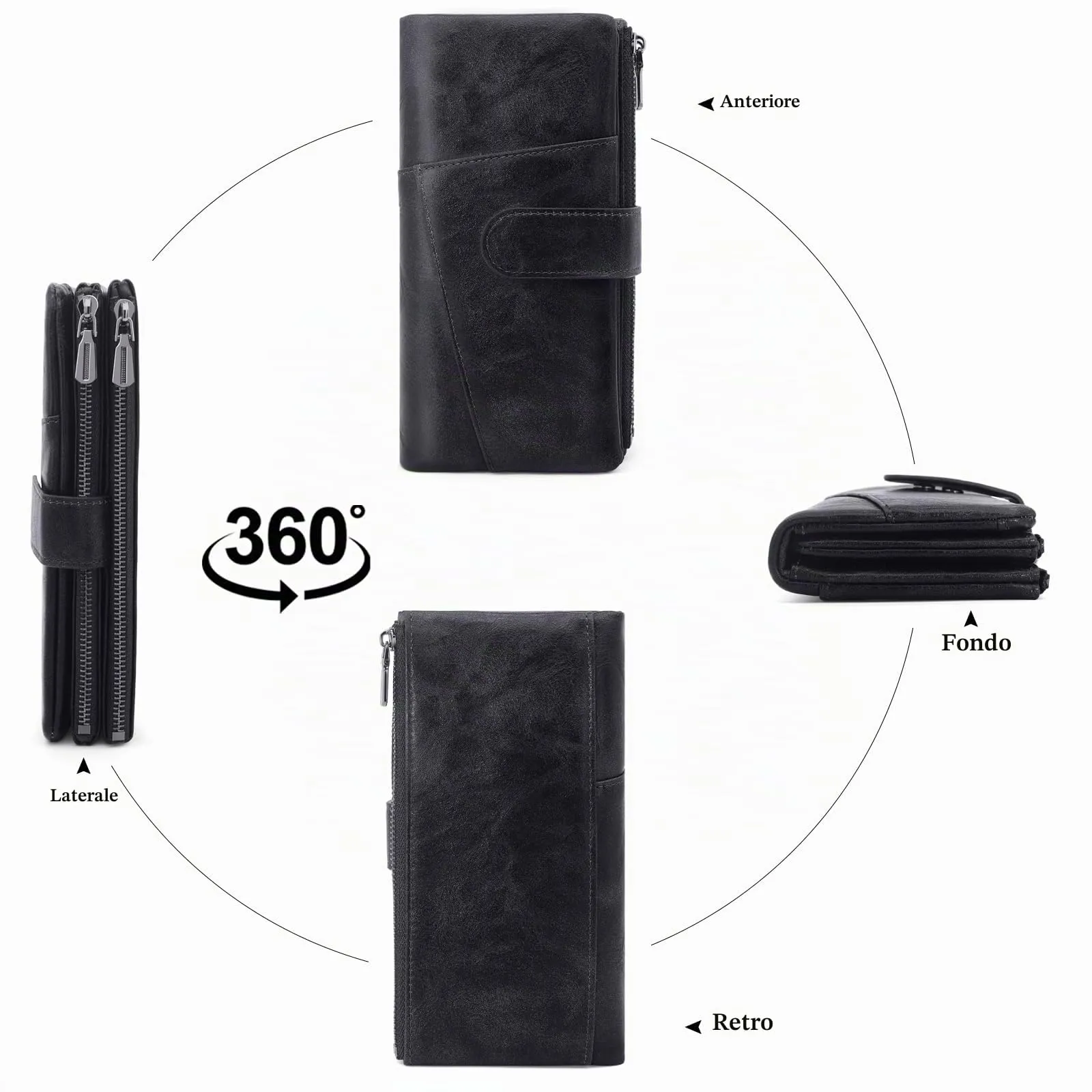 REETEE Portafoglio Donna Grande Portafoglio in Pelle PU Blocco RFID Lungo Portafogli da Donna Cerniera Grand Portamonete e 23 Porta Credito Carte Molti Scomparti (nero) - immagine 6