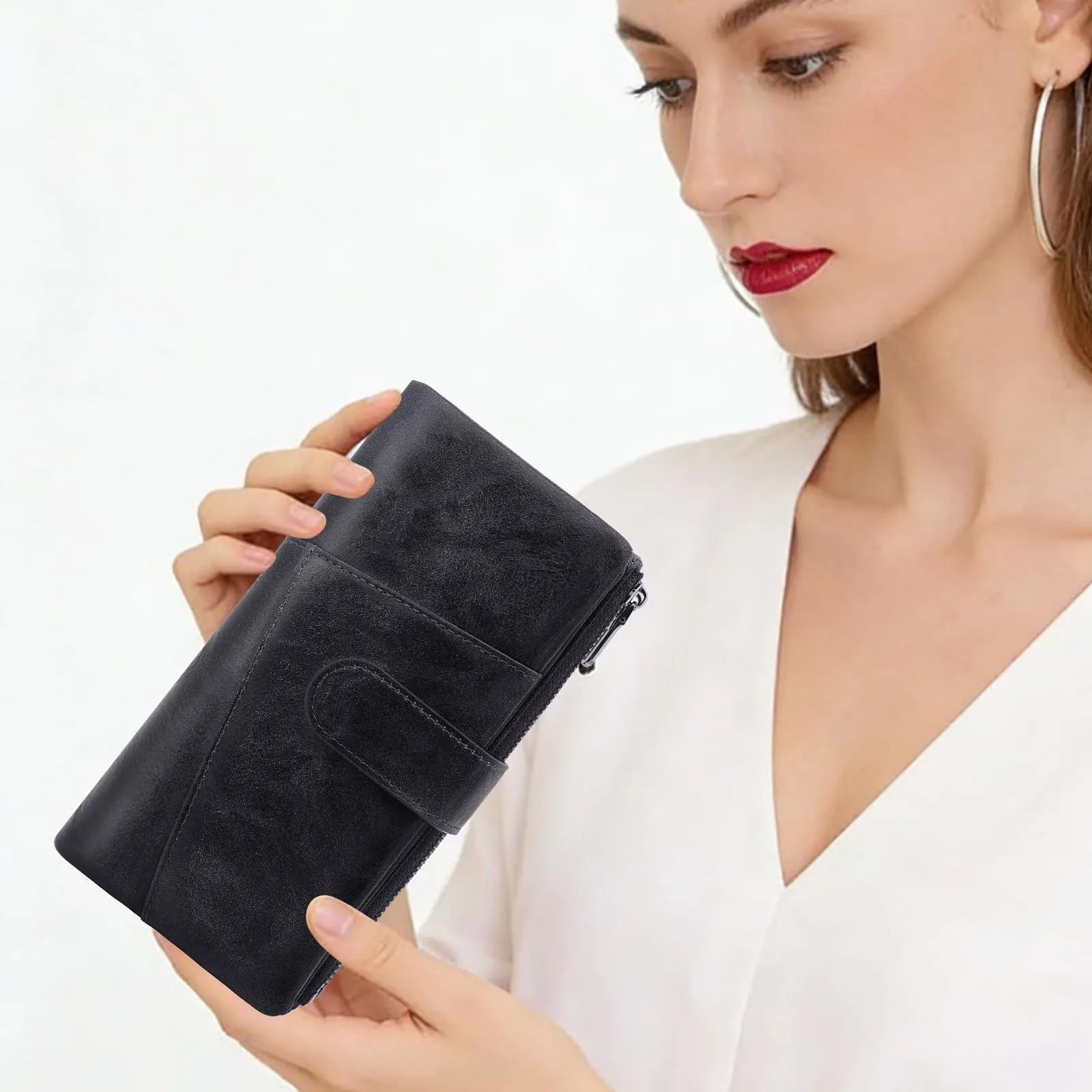 REETEE Portafoglio Donna Grande Portafoglio in Pelle PU Blocco RFID Lungo Portafogli da Donna Cerniera Grand Portamonete e 23 Porta Credito Carte Molti Scomparti (nero) - immagine 7