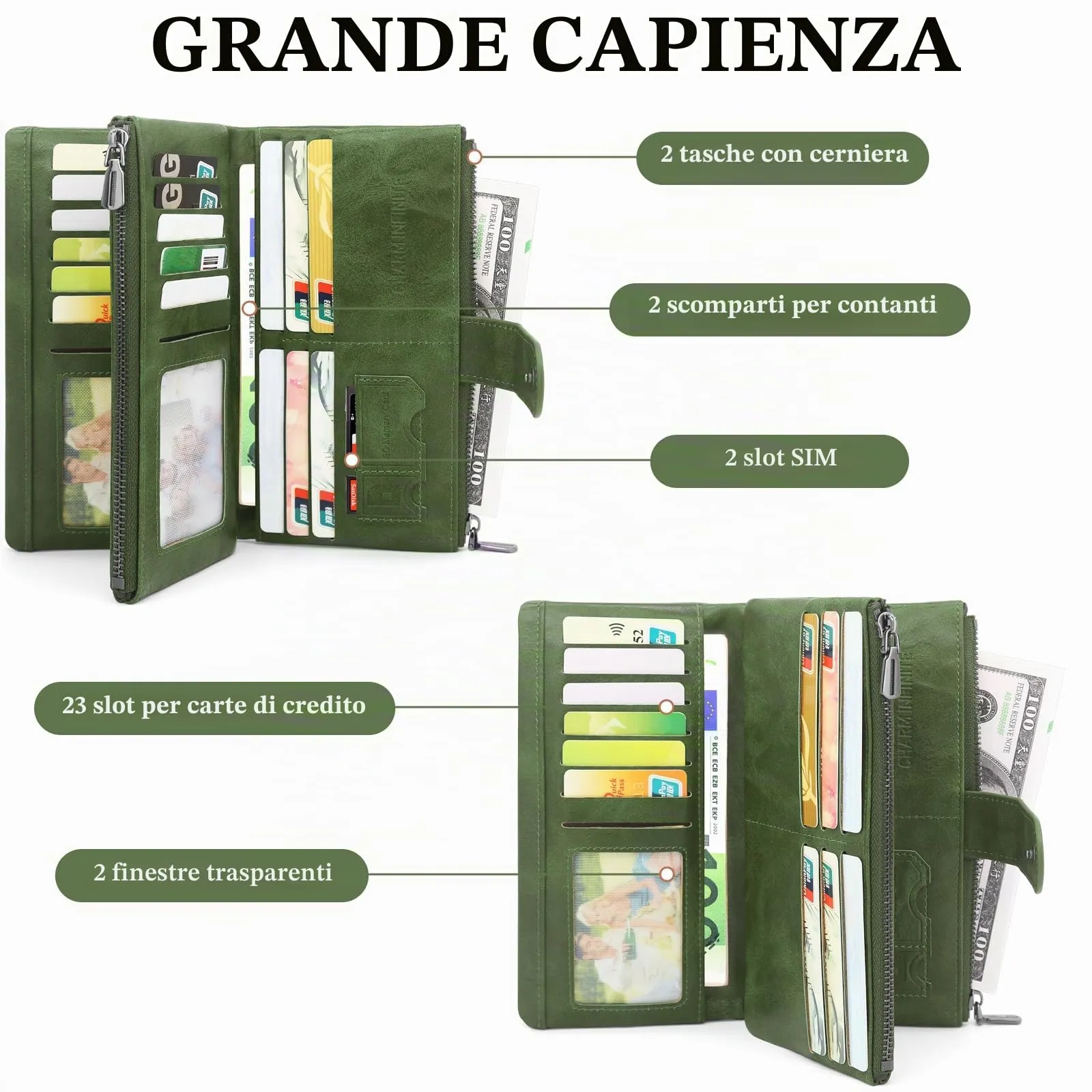 REETEE Portafoglio Donna Grande Portafoglio in Pelle PU Blocco RFID Lungo Portafogli da Donna Cerniera Grand Portamonete e 23 Porta Credito Carte Molti Scomparti (verde) - immagine 2