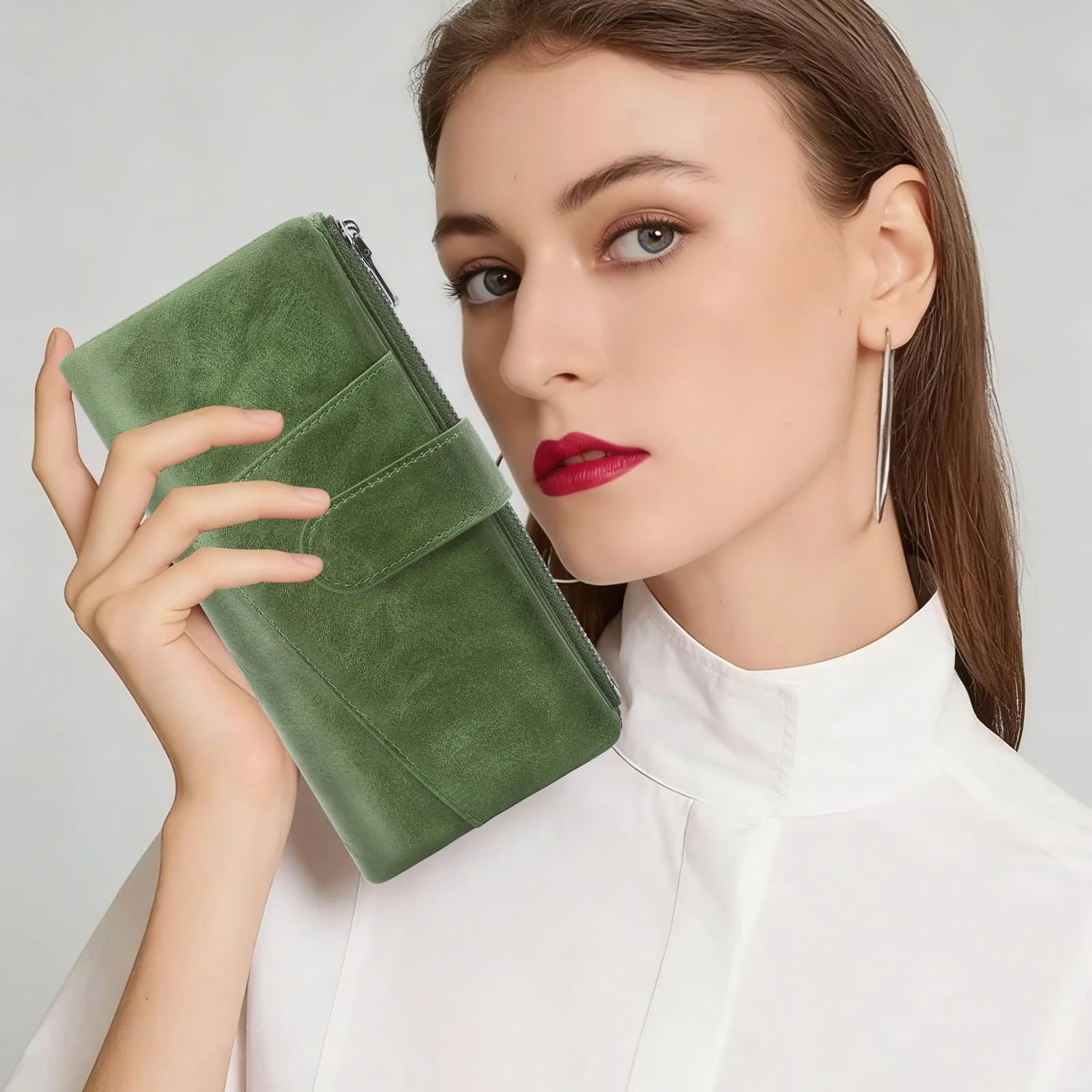 REETEE Portafoglio Donna Grande Portafoglio in Pelle PU Blocco RFID Lungo Portafogli da Donna Cerniera Grand Portamonete e 23 Porta Credito Carte Molti Scomparti (verde) - immagine 7
