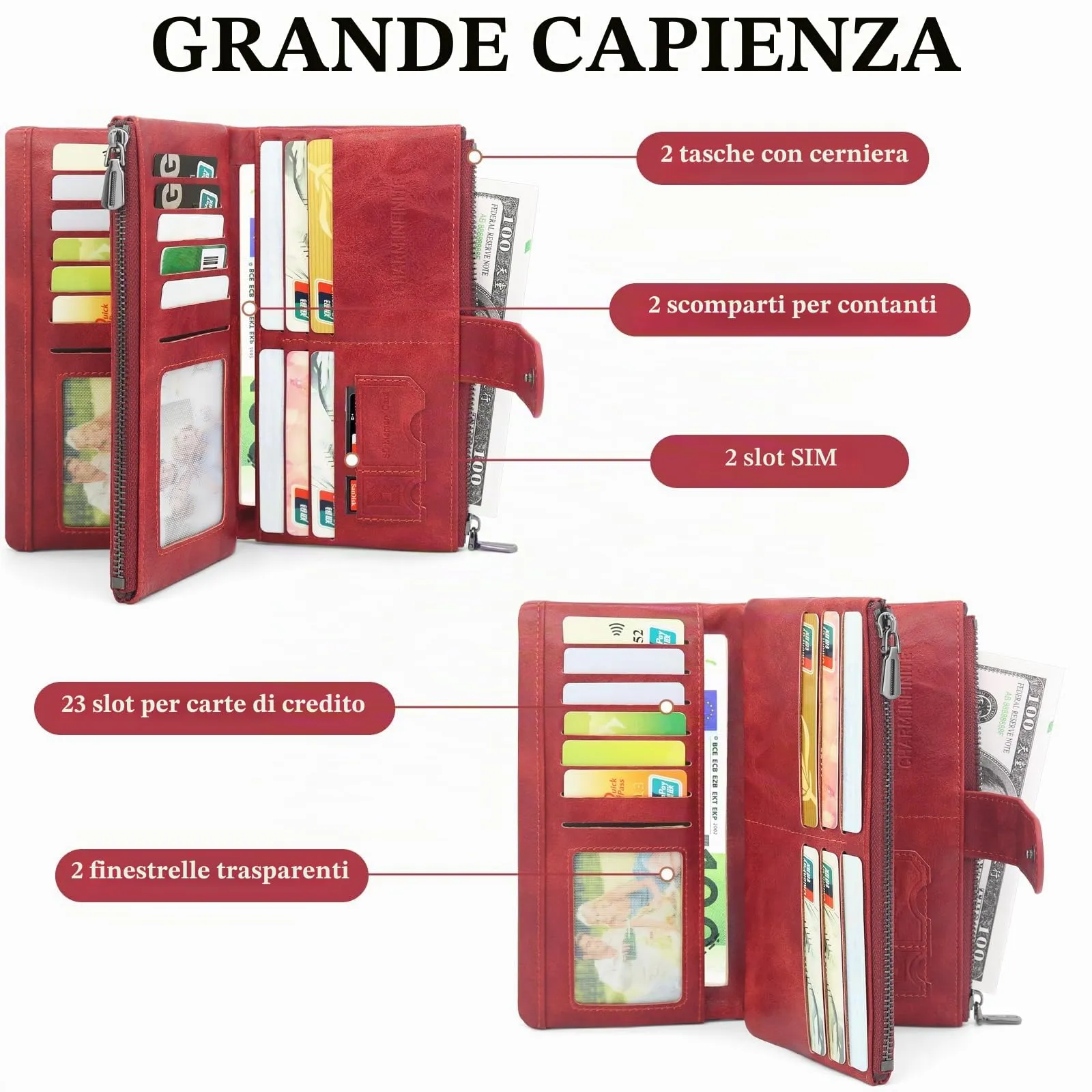 REETEE Portafoglio Donna Grande Portafoglio in Pelle PU Blocco RFID Lungo Portafogli da Donna Cerniera Grand Portamonete e 23 Porta Credito Carte Molti Scomparti (rosso) - immagine 2