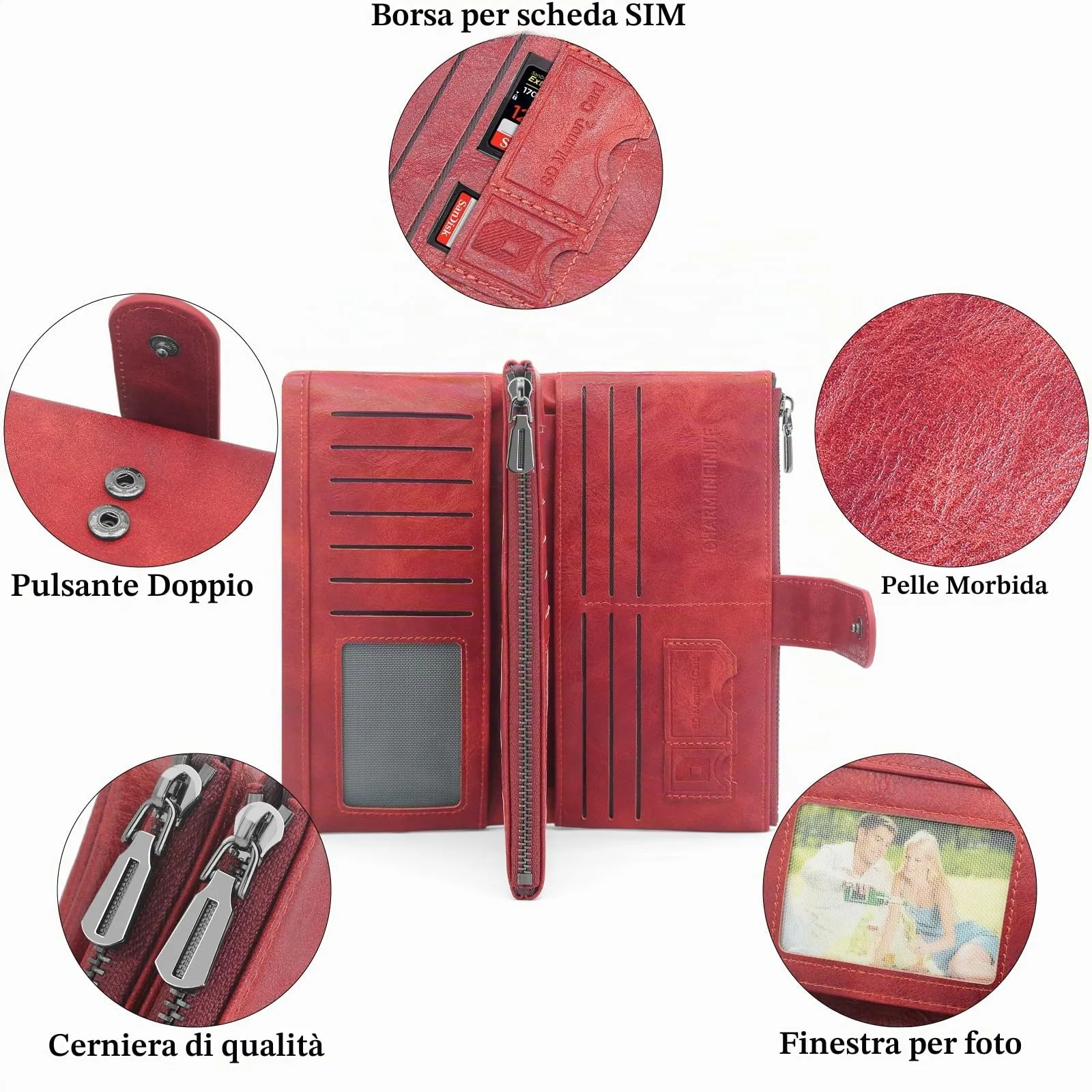 REETEE Portafoglio Donna Grande Portafoglio in Pelle PU Blocco RFID Lungo Portafogli da Donna Cerniera Grand Portamonete e 23 Porta Credito Carte Molti Scomparti (rosso) - immagine 4