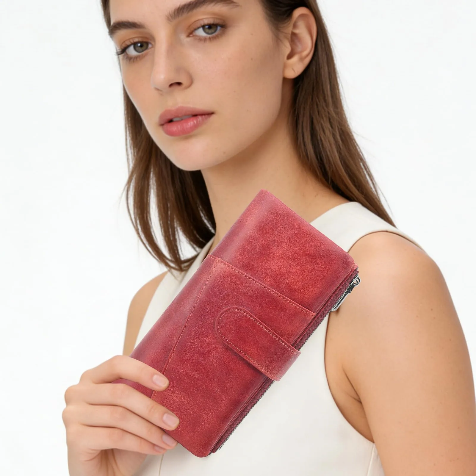 REETEE Portafoglio Donna Grande Portafoglio in Pelle PU Blocco RFID Lungo Portafogli da Donna Cerniera Grand Portamonete e 23 Porta Credito Carte Molti Scomparti (rosso) - immagine 7