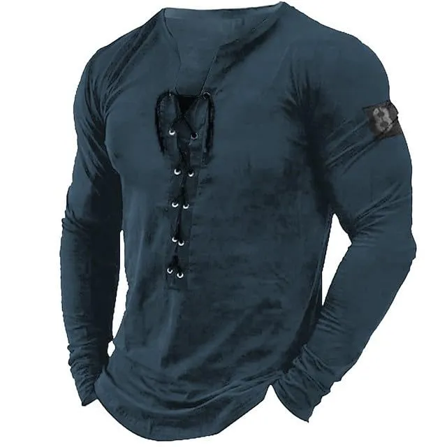 Mymyguoe Henley - Maglietta da uomo con bottoni, a maniche lunghe, in lino, a maniche lunghe, per attività all'aria aperta, per sport all'aria aperta, traspirante, Q8 Blu, S - immagine 2