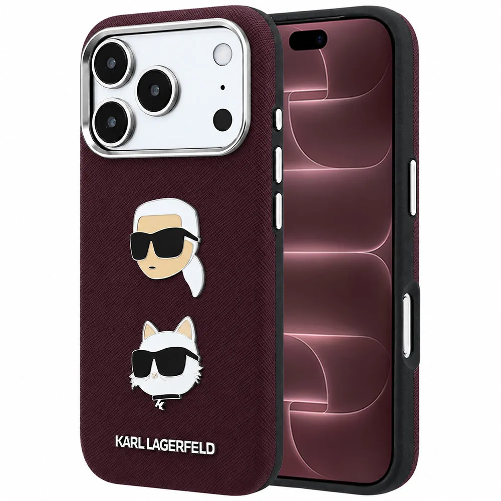 Custodia per Apple iPhone 18 Pro Max / 17 Pro Max, Karl Lagerfeld, Saffiano con Spilla Testa di Karl & Choupette e Logo, Vinaccia - immagine 1