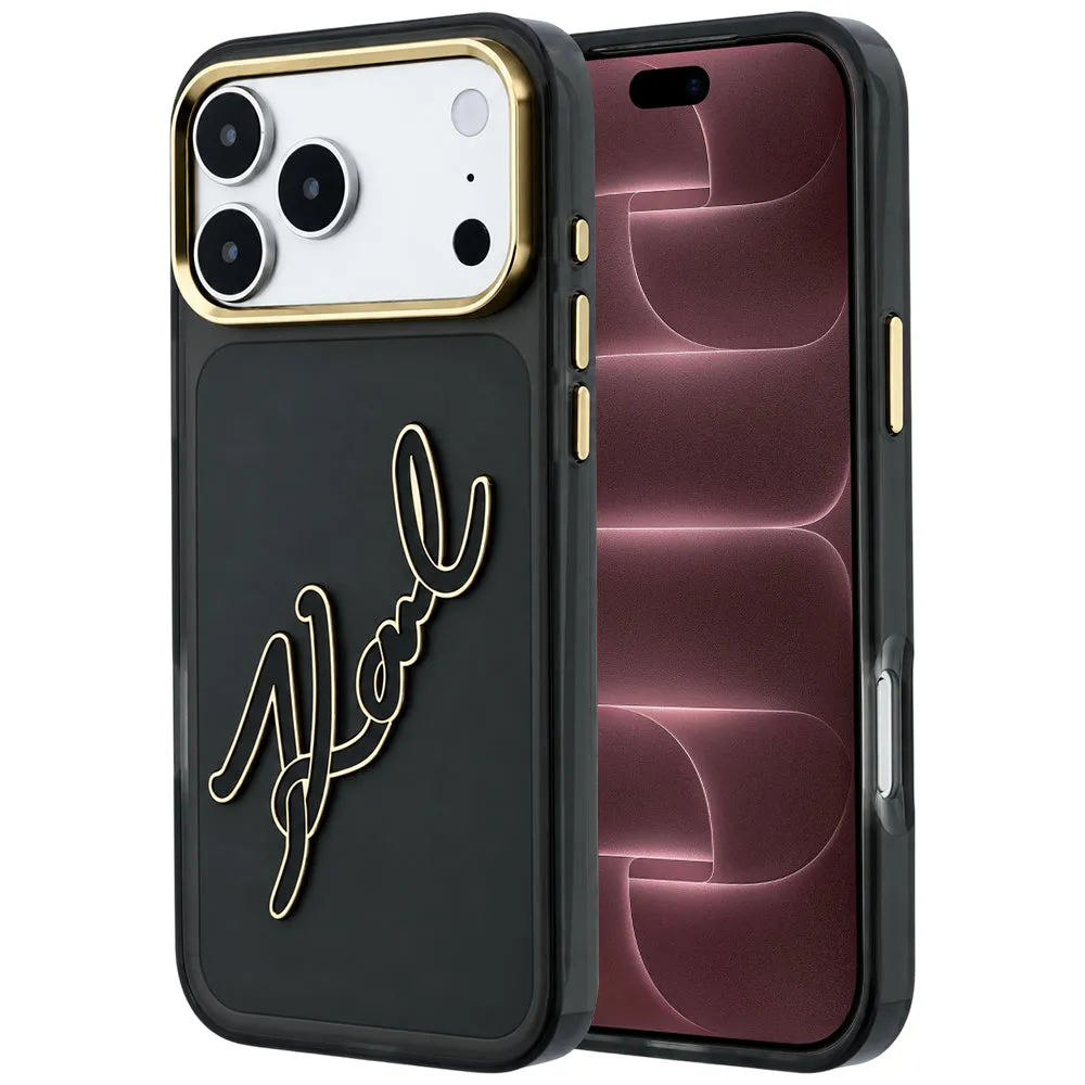 Custodia per Apple iPhone 18 Pro Max / 17 Pro Max, Karl Lagerfeld, IML Big Signature Resina Logo Cornice Metallica, Nera - immagine 1