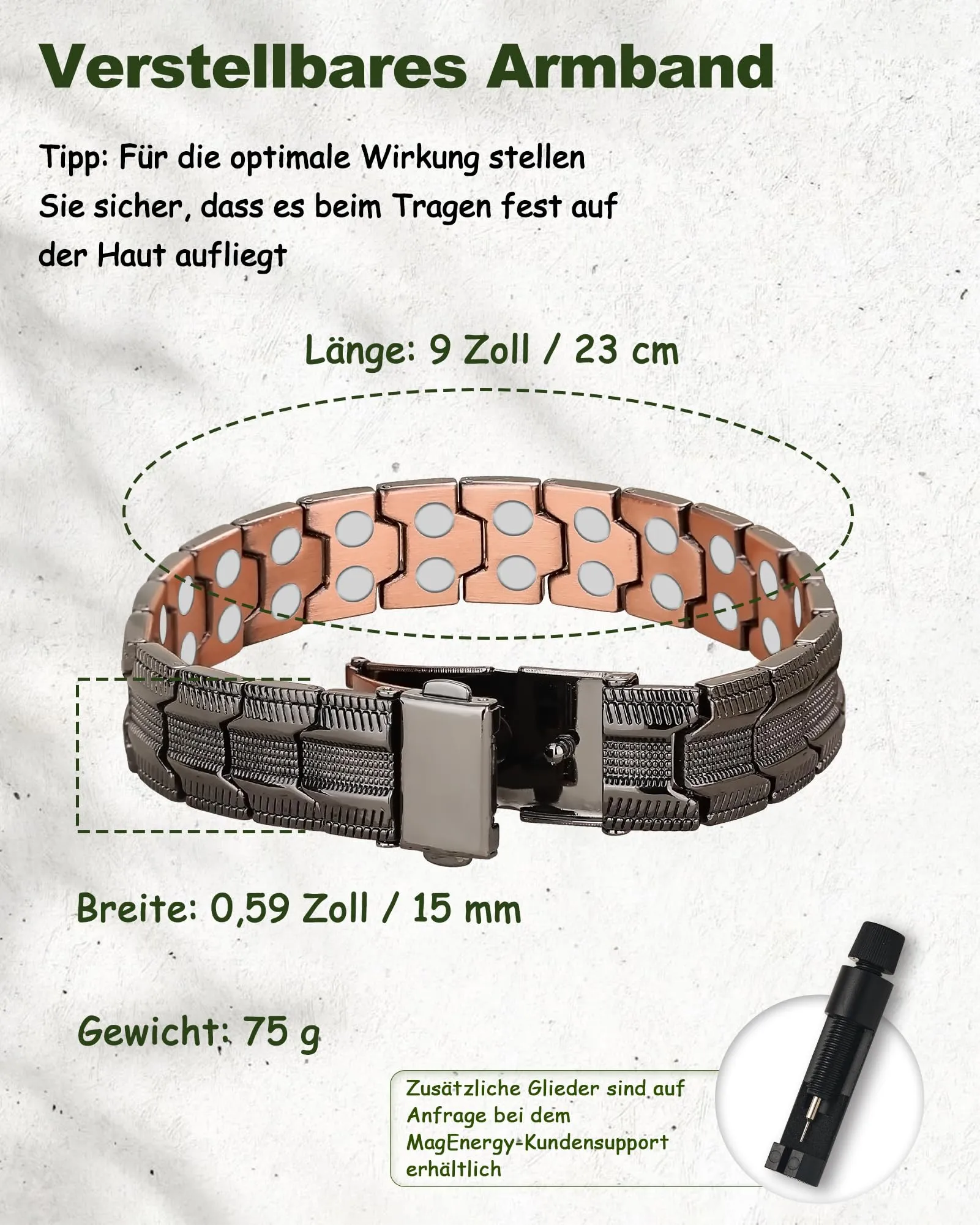 MagEnergy Bracciale in rame da uomo, regolabile con strumento di - immagine 3