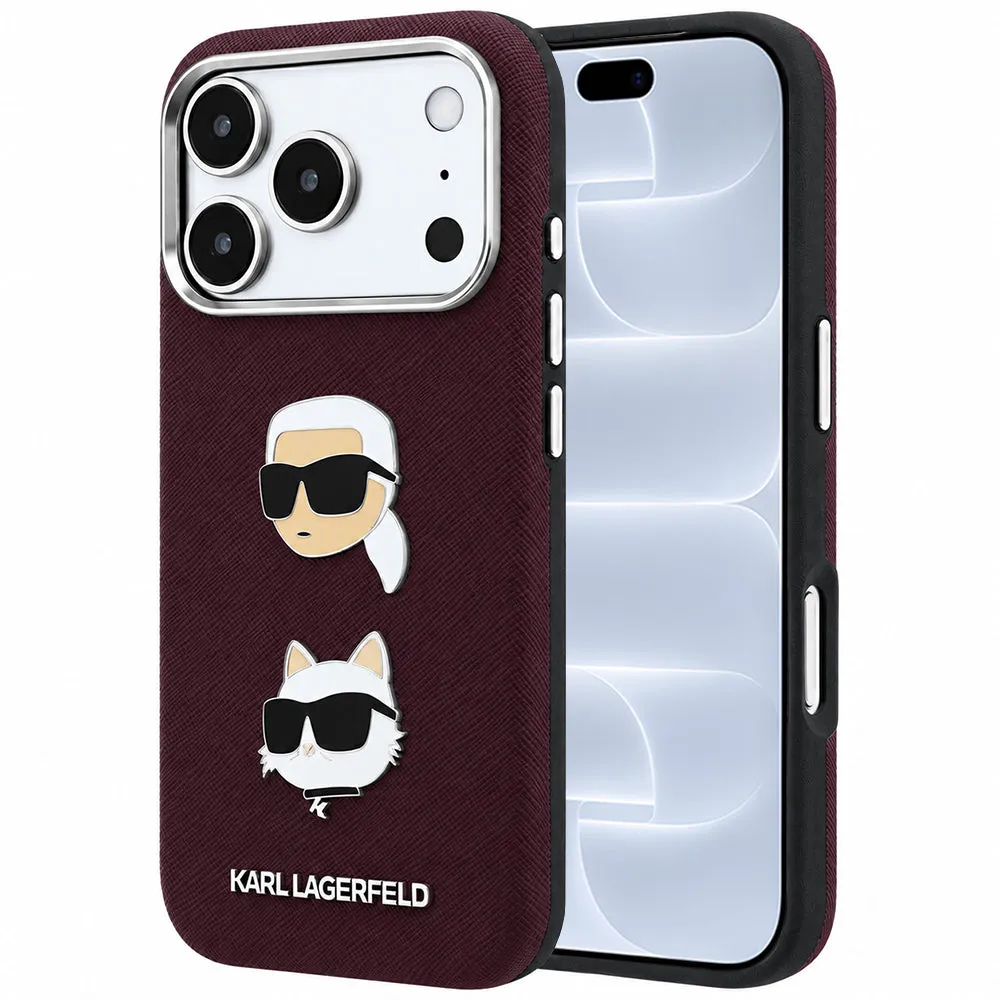 Custodia per Apple iPhone 18 Pro / 17 Pro, Karl Lagerfeld, Saffiano con Spilla Testa di Karl & Choupette e Logo, Vinaccia - immagine 1