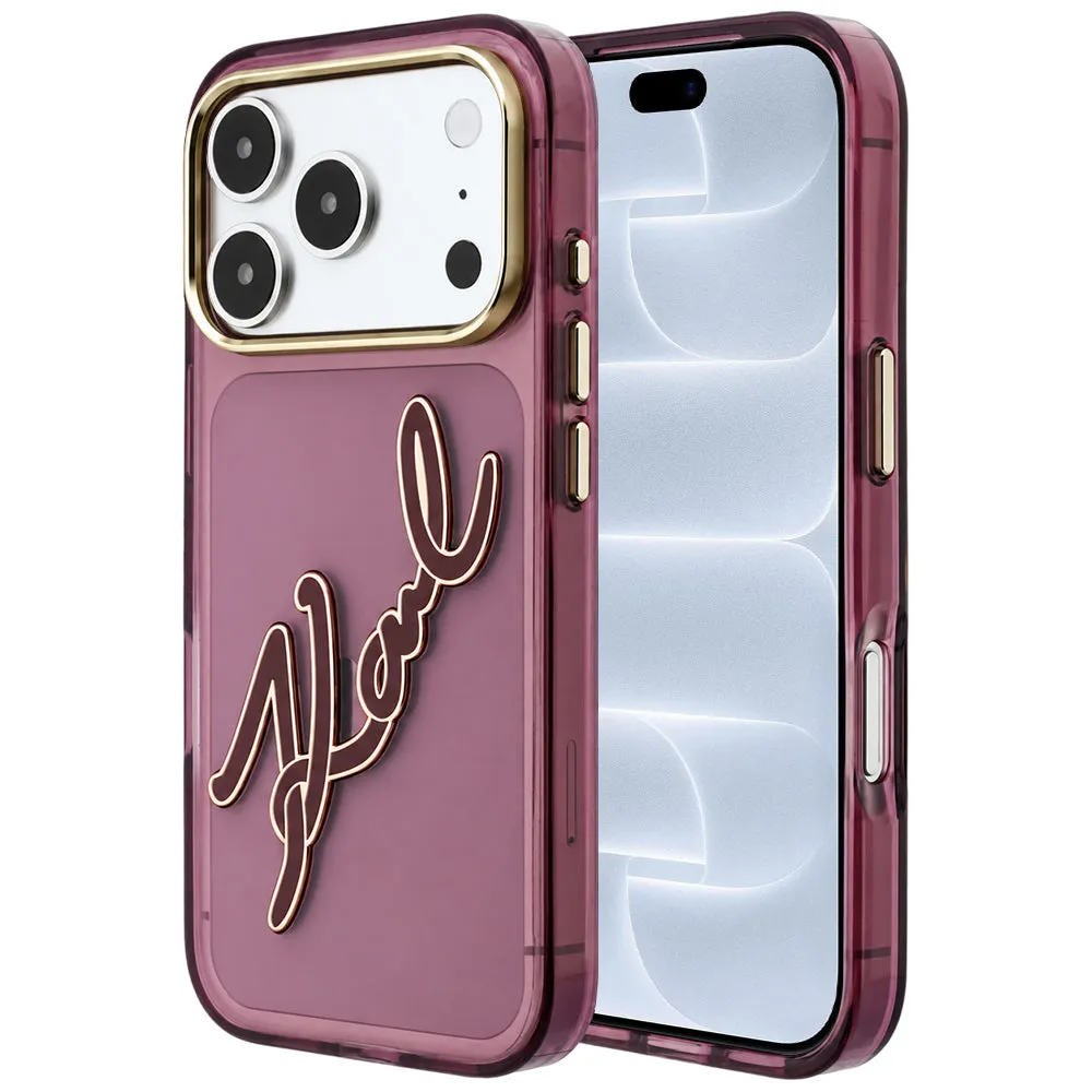 Custodia per Apple iPhone 18 Pro / 17 Pro, Karl Lagerfeld, IML Big Signature Resin Logo e Cornice in Metallo, Vinaccia - immagine 1