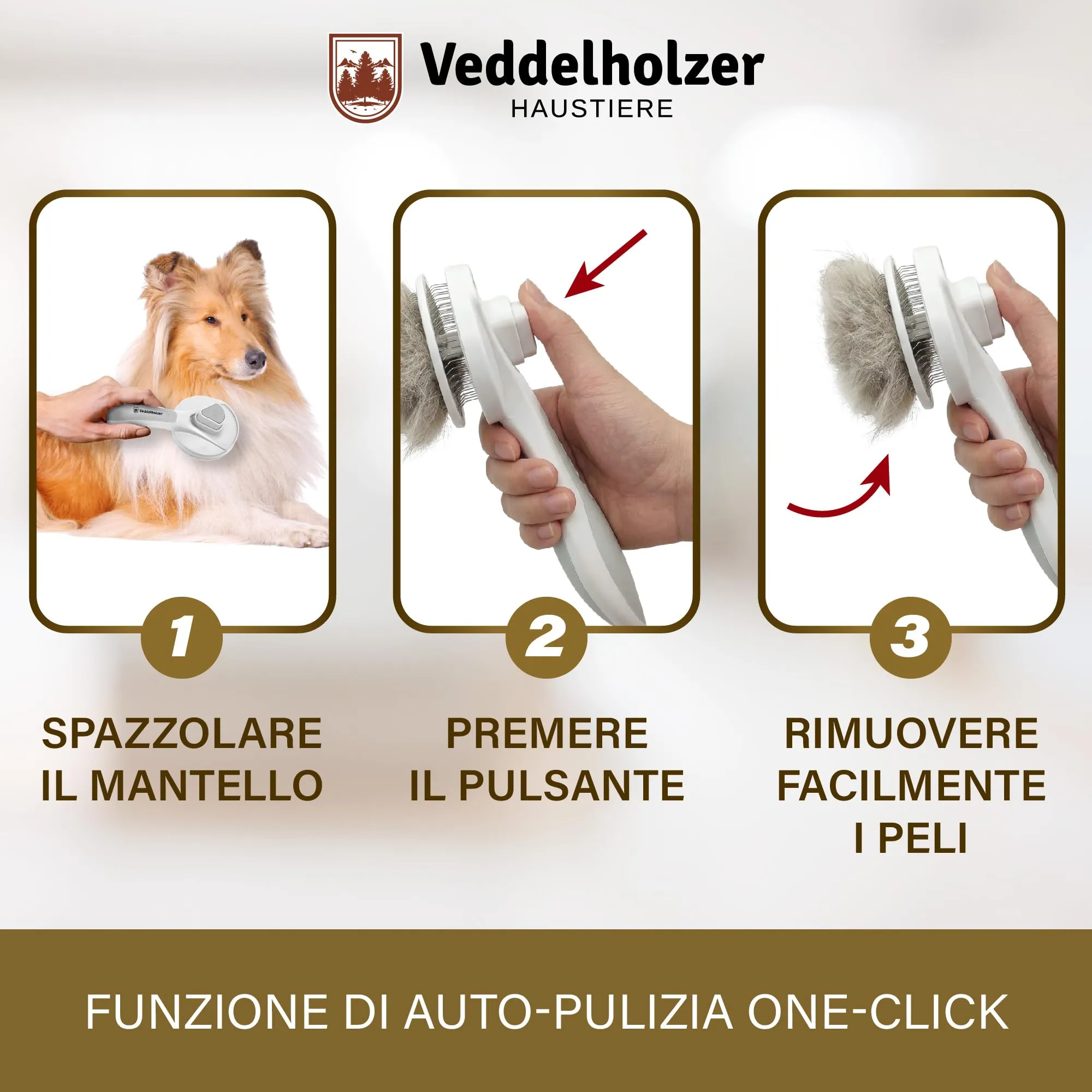 Spazzola premium Veddelholzer per cani & gatti con rimozione del pelo One-Click – spazzola efficace per il sottopelo di cani e gatti, cura delicata del mantello & districatura - immagine 3