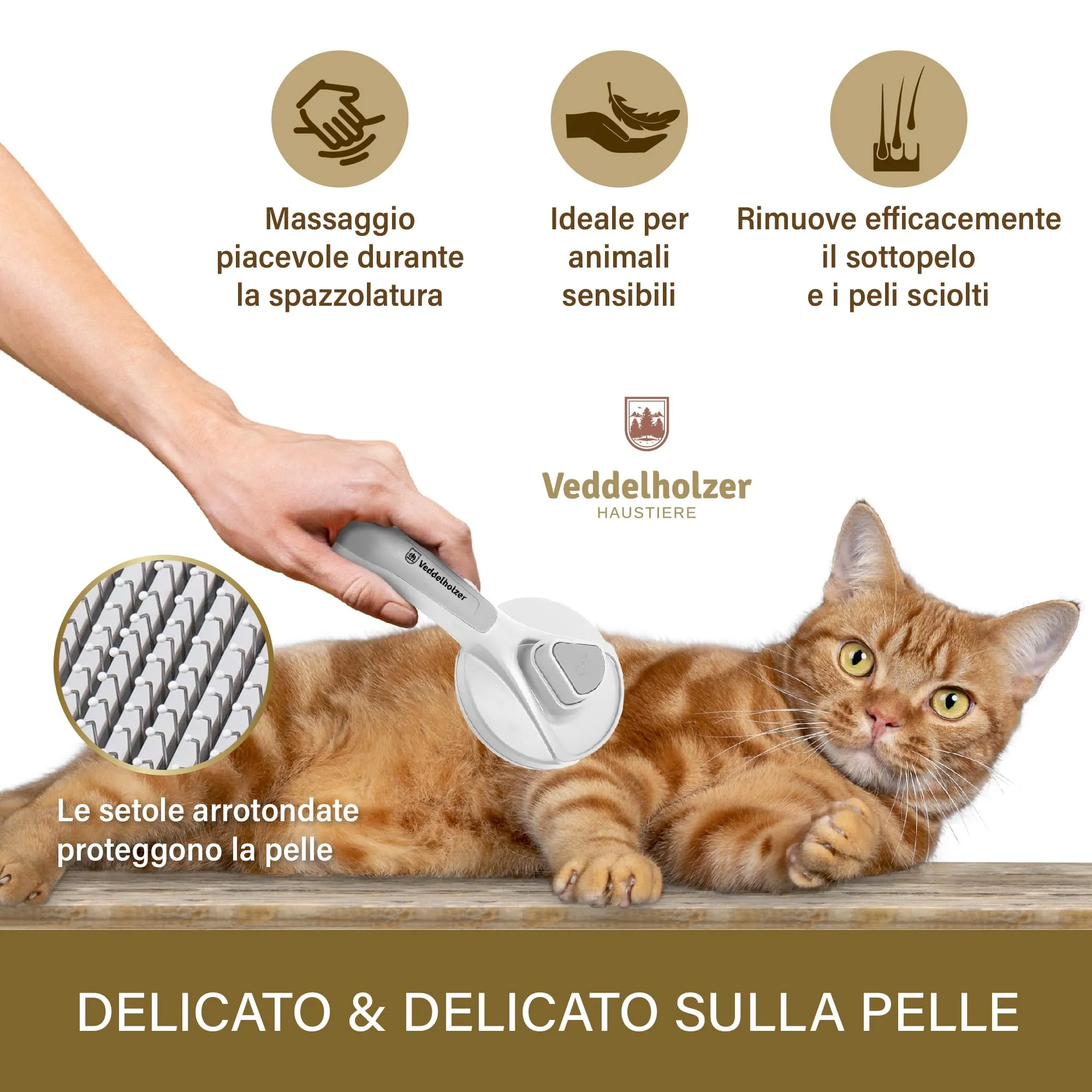 Spazzola premium Veddelholzer per cani & gatti con rimozione del pelo One-Click – spazzola efficace per il sottopelo di cani e gatti, cura delicata del mantello & districatura - immagine 4