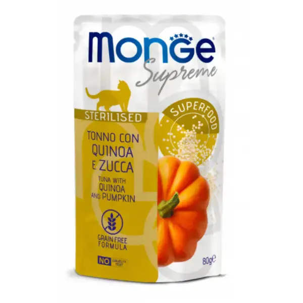 Monge Supreme Sterilised in salsa bustina da 80 gr Tonno con quinoa e zucca - confezione da 24 pezzi - Cibo umido per gatti - immagine 1