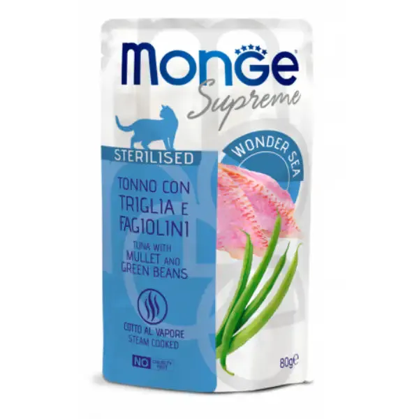 Monge Supreme Sterilised in salsa bustina da 80 gr Tonno con triglia e fagiolini - confezione da 24 pezzi - Cibo umido per gatti - immagine 1