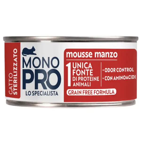 Monopro lo specialista Cat Adult Sterilised Grain free Mousse 85 gr Manzo - confezione da 6 pezzi - immagine 1