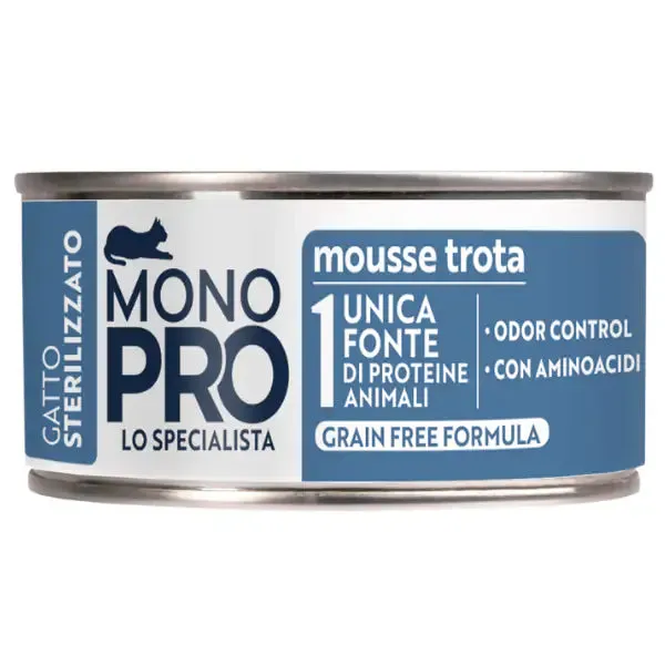 Monopro lo specialista Cat Adult Sterilised Grain free Mousse 85 gr Trota - confezione da 6 pezzi - immagine 1