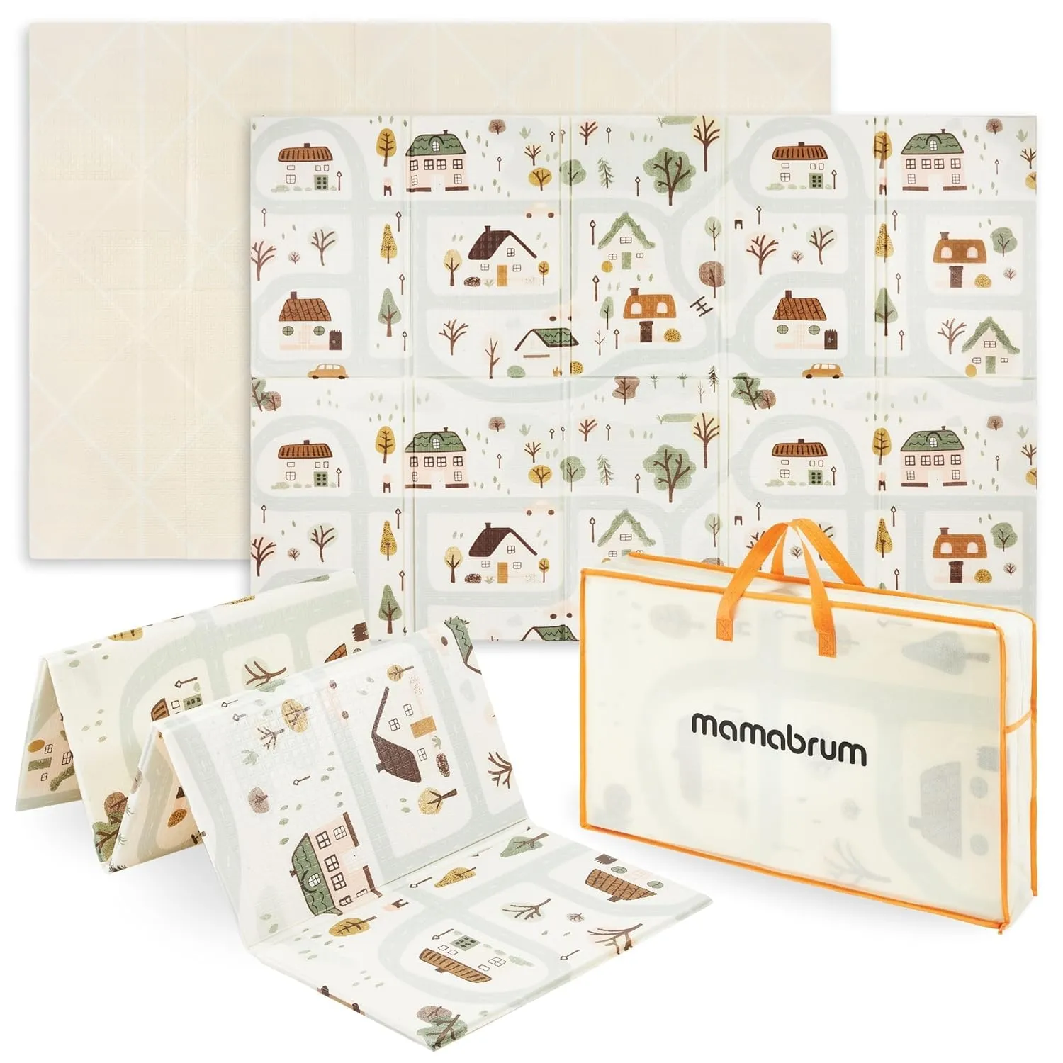 Mamabrum Tappeto Gioco Bambini Pieghevole Reversibile in Schiuma con Borsa, Tappeto per Neonati Morbido Antiscivolo Impermeabile, Fantasia Città, 180x120x1 cm - immagine 1
