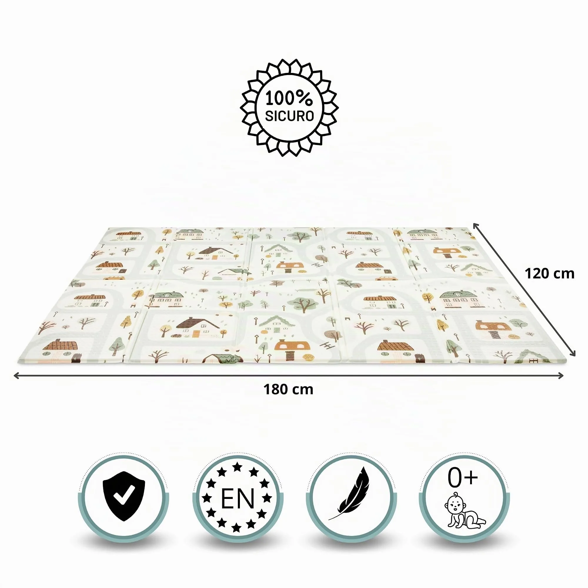 Mamabrum Tappeto Gioco Bambini Pieghevole Reversibile in Schiuma con Borsa, Tappeto per Neonati Morbido Antiscivolo Impermeabile, Fantasia Città, 180x120x1 cm - immagine 2