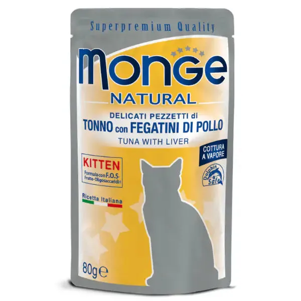 Monge Natural Kitten cottura al vapore 80 gr Tonno con fegatini di pollo - confezione da 6 pezzi - Cibo umido per gatti - immagine 1