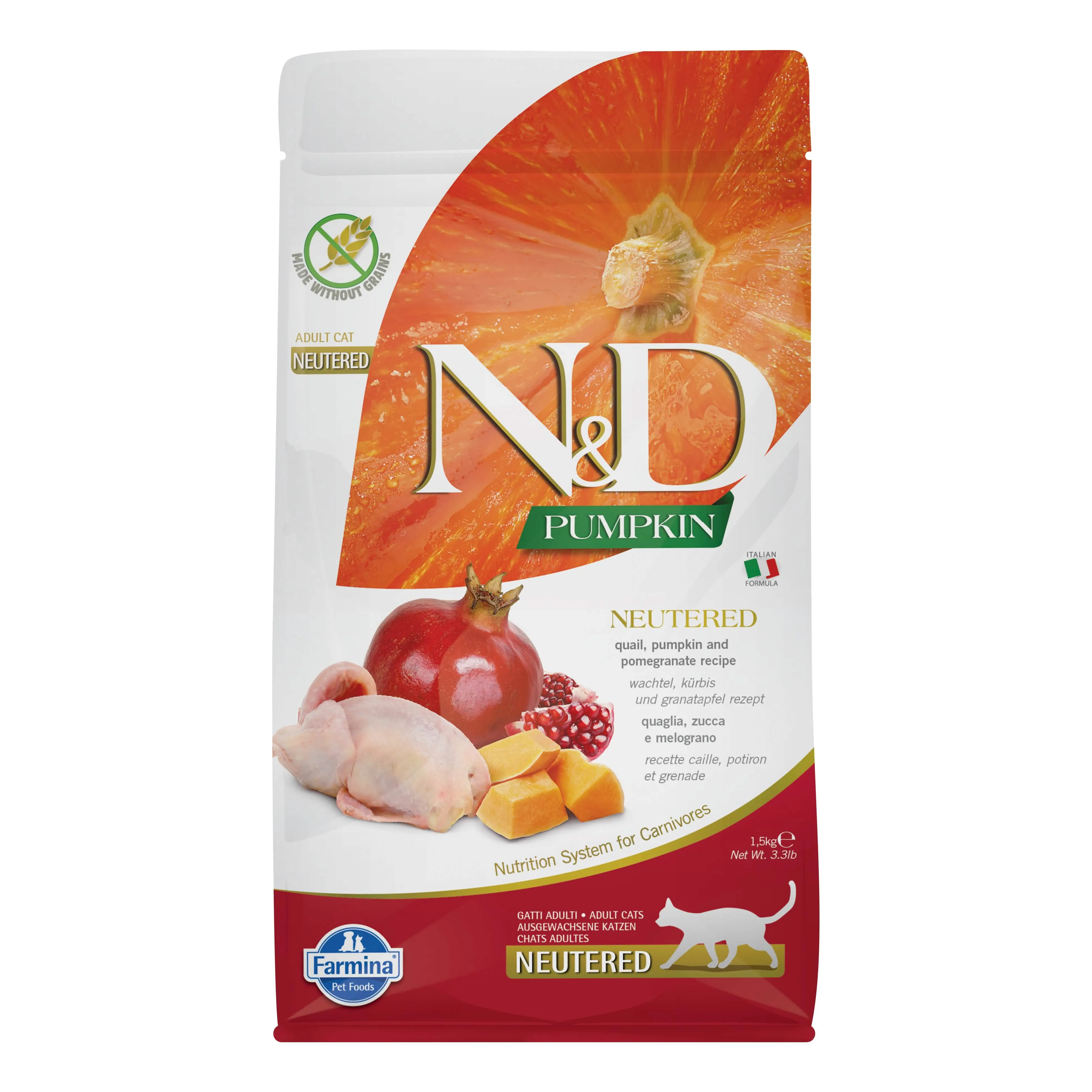 N&d pumpkin feline neutered quail pumpkin and pomegranate adult 1,5 kg - immagine 1