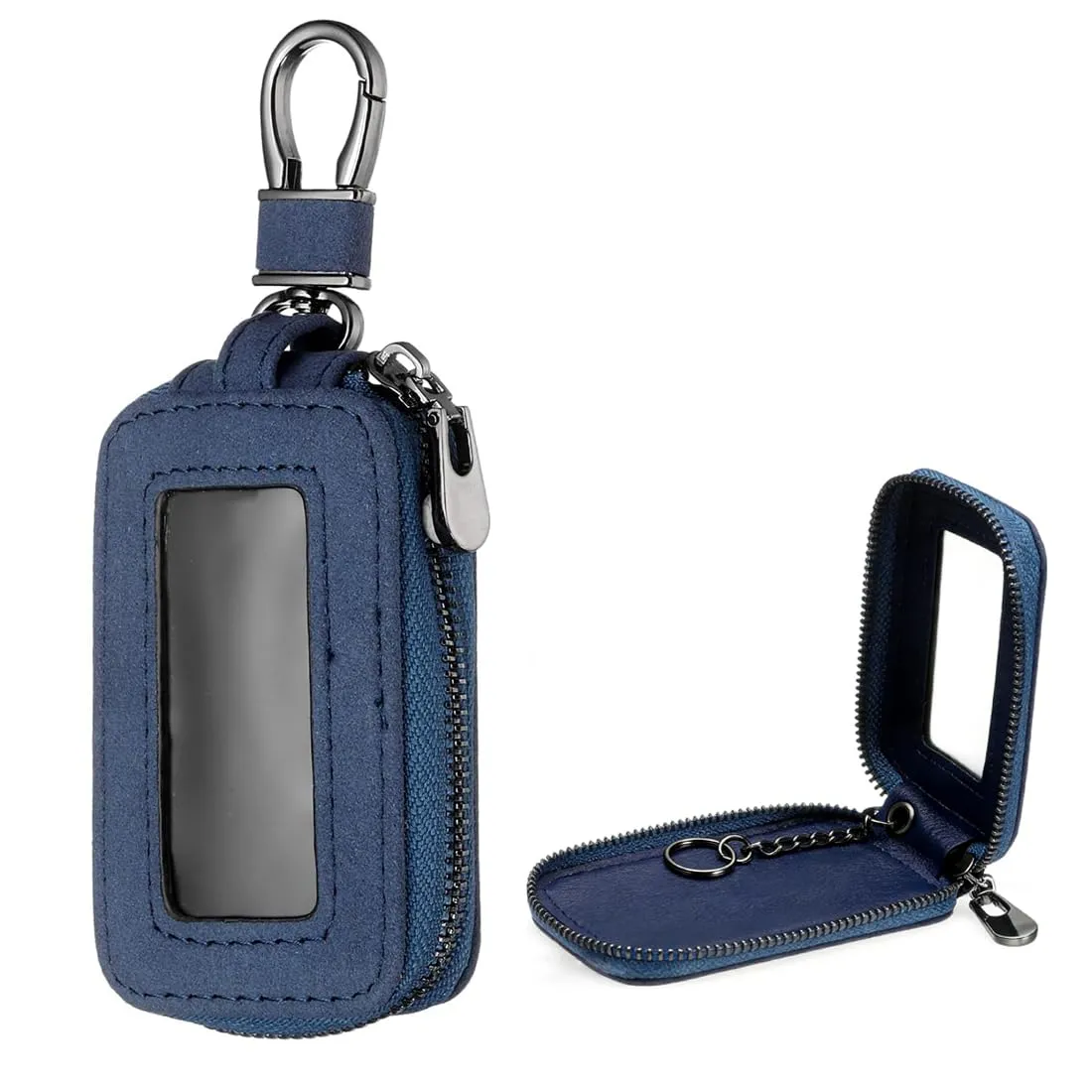 Custodia in Pelle per Chiave dell'auto, Portachiavi in Pelle, con Gancio in Metallo e Cerniera, con Finestra Trasparente, Blu (A) - immagine 1
