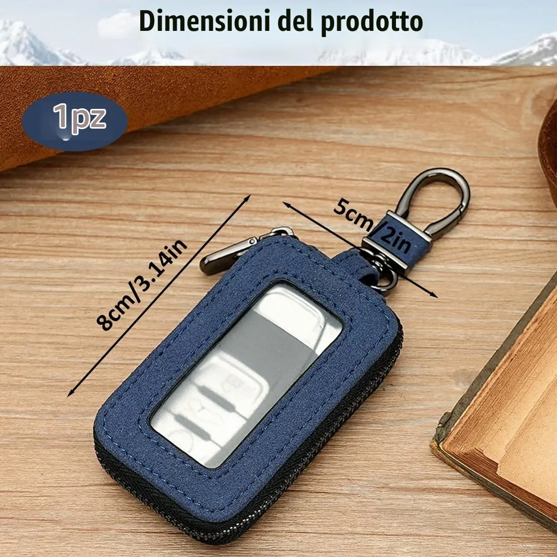 Custodia in Pelle per Chiave dell'auto, Portachiavi in Pelle, con Gancio in Metallo e Cerniera, con Finestra Trasparente, Blu (A) - immagine 2