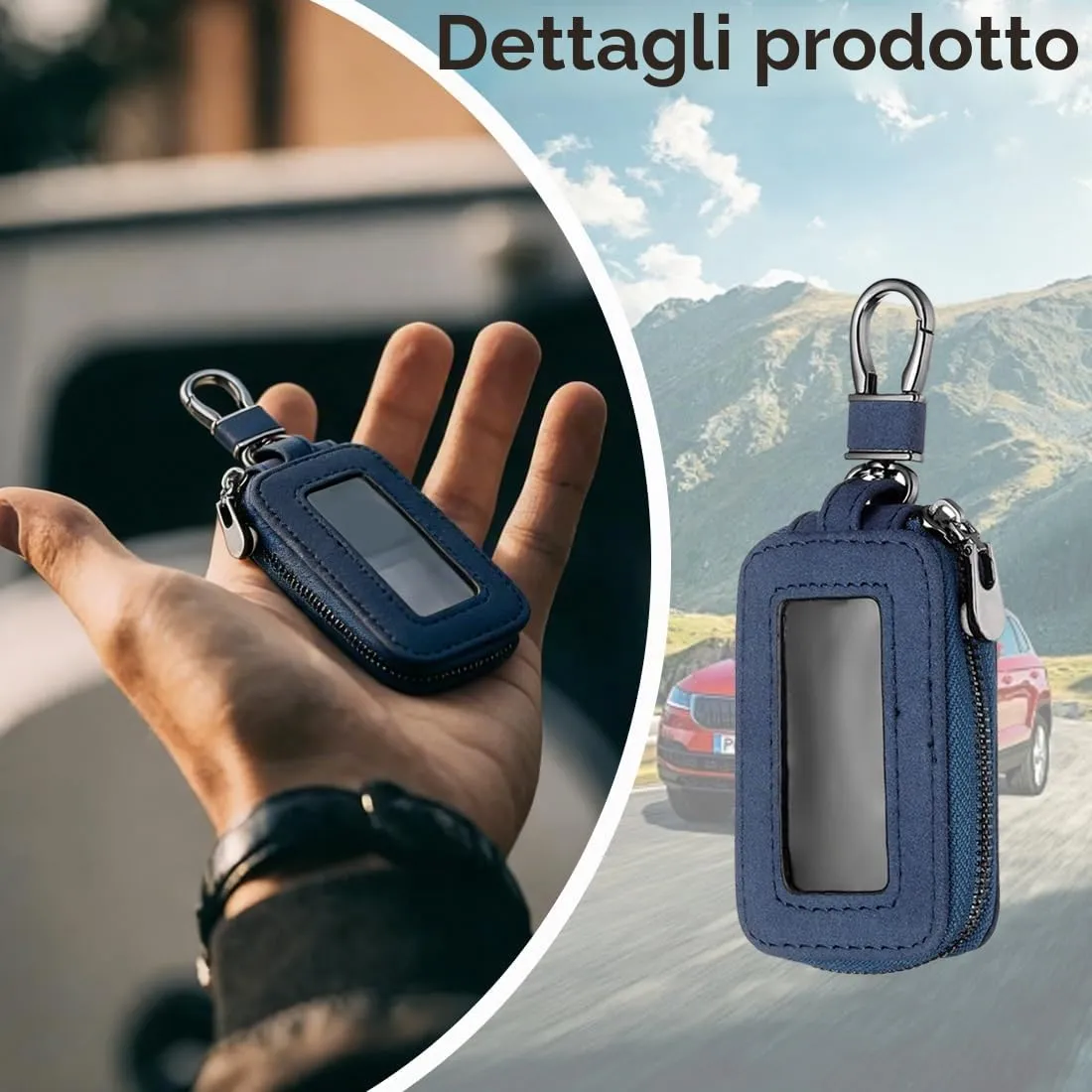 Custodia in Pelle per Chiave dell'auto, Portachiavi in Pelle, con Gancio in Metallo e Cerniera, con Finestra Trasparente, Blu (A) - immagine 3