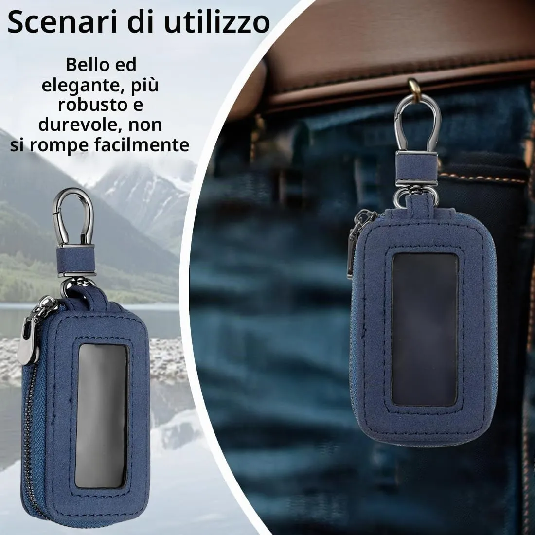 Custodia in Pelle per Chiave dell'auto, Portachiavi in Pelle, con Gancio in Metallo e Cerniera, con Finestra Trasparente, Blu (A) - immagine 4