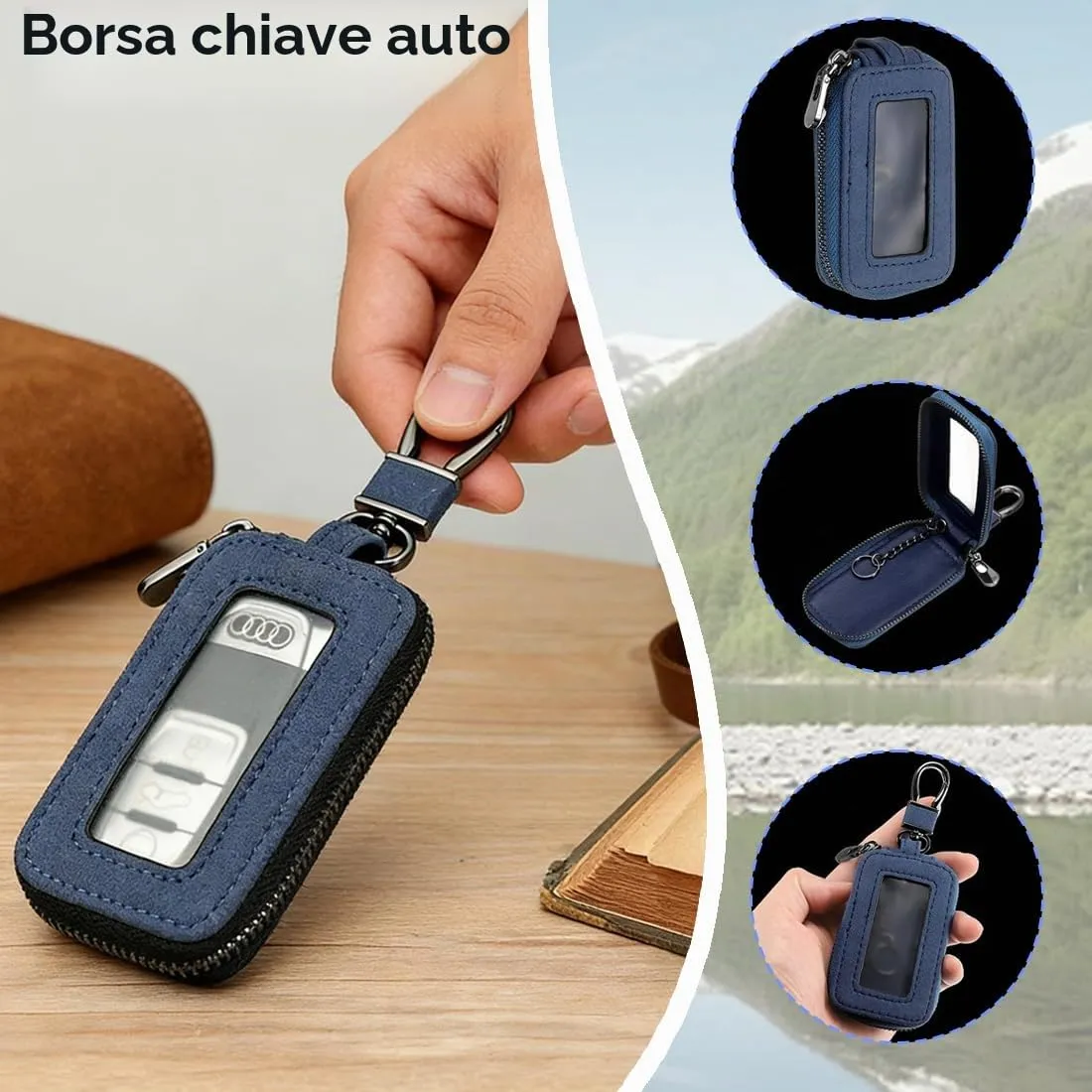 Custodia in Pelle per Chiave dell'auto, Portachiavi in Pelle, con Gancio in Metallo e Cerniera, con Finestra Trasparente, Blu (A) - immagine 5
